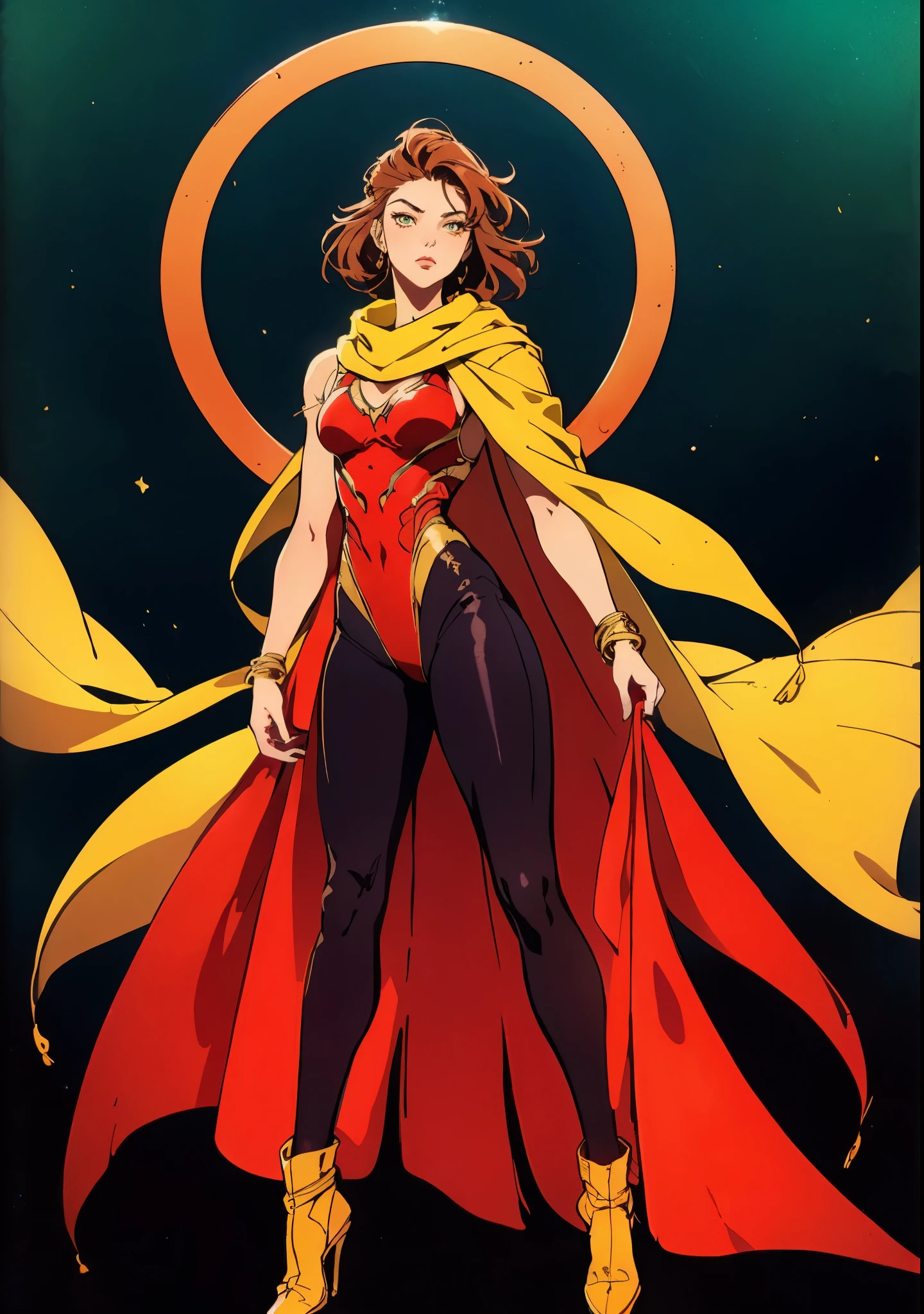 A  girl with short brown hair, delicate features, a focused gaze, a determined expression, she has a petite figure akin to a gymnast, adorned with a long flowing cape-like scarf in red and yellow hues, a fantasy-realism-style gymnastics leotard with a long hemline attached, paired with matching leggings, ((black as the main color, complemented by red and yellow accents)), (she poised on a vast stage enveloped in mystery, she emitting a sacred glow in the dim environment), this character embodies a finely crafted fantasy-realism-style dancer in anime style, exquisite and mature manga art style, perfect body, porcelain skin, high definition, best quality, highres, ultra-detailed, ultra-fine painting, extremely delicate, professional, anatomically correct, symmetrical face, extremely detailed eyes and face, high quality eyes, creativity, RAW photo, UHD, 32k, Natural light, cinematic, masterpiece-anatomy-perfect, masterpiece:1.5