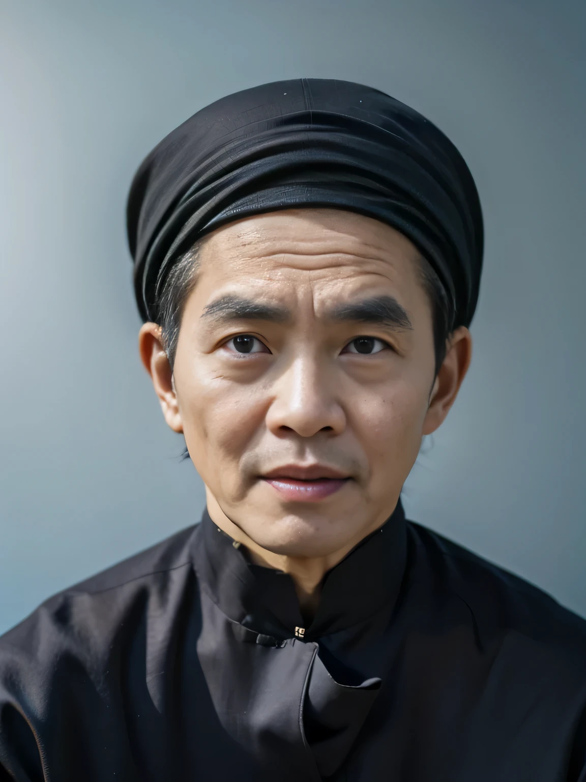 Highly realistic photo, ((masterpiece), (best quality), (raw photo), (photorealistic:1.4), Portrait of Vietnamese old man, 70 years old, ((black aodai)), ((black head scarf)), ((light blue background)) , photo taken by Sony A7IV