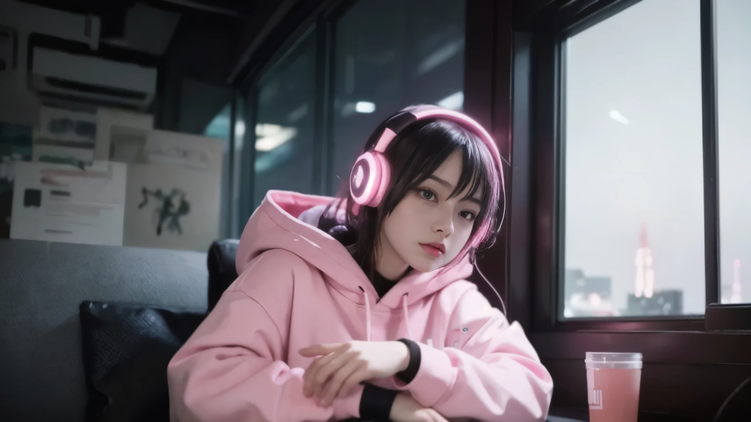 arafed woman with headphones sitting in front of a window, lofi girl, dreamy cyberpunk girl, Cyberpunk anime girl wearing a hoodie, pink headphones, with headphones, e-girl, e girl, with headphones, girl wearing headphones, cyberpunk atmosphere, lofi girl aesthetic, bright cyberpunk glow, It's cyberpunk style, in a cyberpunk style, wearing a gaming headset