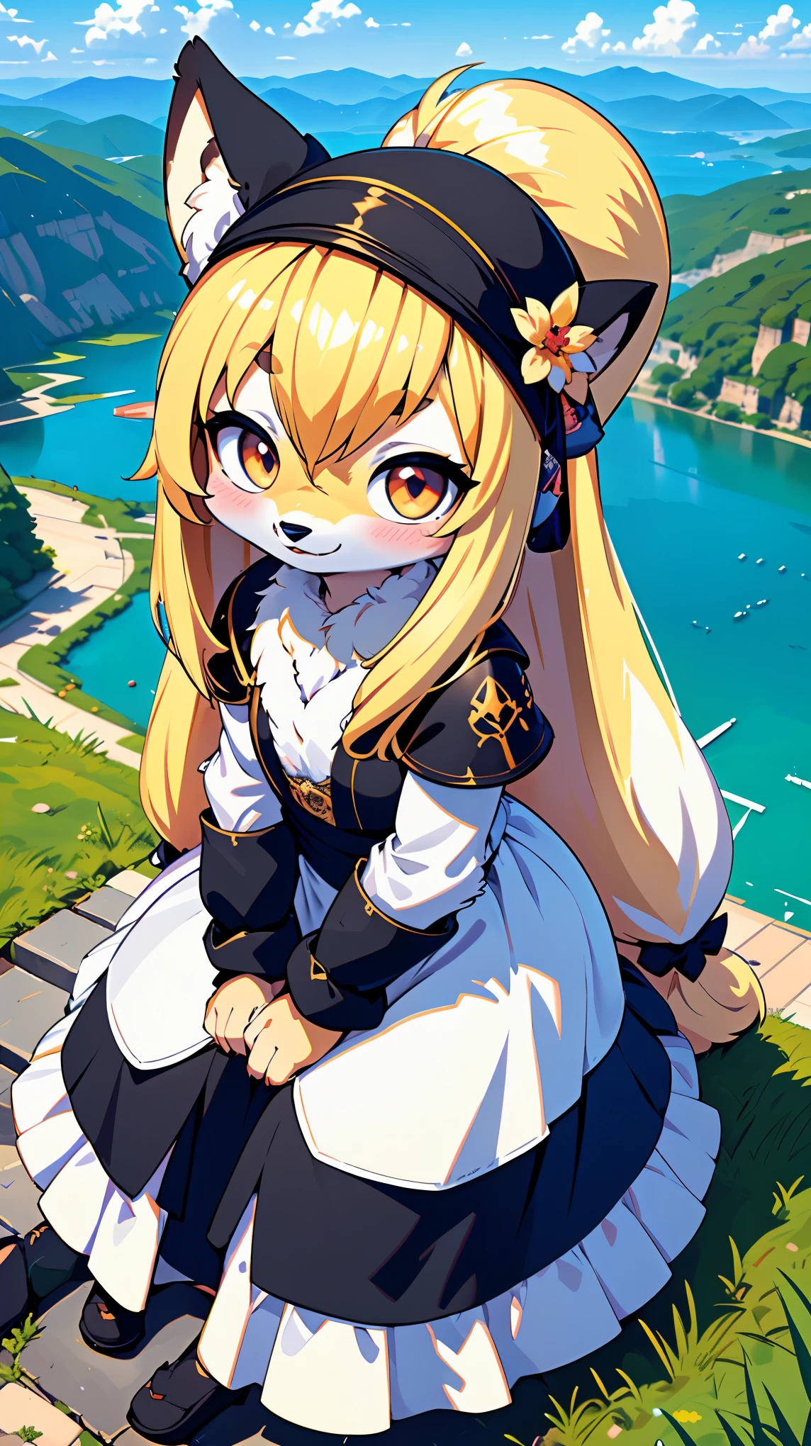 (Round eyebrows:1.5),(wide angle lens:1.5),(black hat:1.3),(natural light:1.3),(height 120cm),(smile),2 furry girls,(sit:1.5),(chibi:2.0),((Hill overlooking the lake:1.5)),(wolf tail),(spread arms),(dog paw pad),(engagement ring),(heart shaped pupils),((toddler)),nobility,(white wolf girl),(teen),((white color long hair:1.7)),(fur skin),(white long dress:1.5),brown corset,steampunk,female,(furry),sitting,(big black ribbon on head:1.3),(Round eyebrows),(wolf ear),(wearing),(Luxurious medieval fantasy outfit:1.5), (character) , (Best Quality,4k,8K,hight resolution,Masterpiece:1.2), Ultra-detailed, (Realistic,Photorealistic,photo-realistic:1.37), HDR, UHD, studio lightning, ultra-fine painting, sharp-focus, physical based rendering, extreme detail description, Professional, Vivid colors, bokeh, (em) portrai, landscape, photografic, Concept Artists (style of), (with a) vibrant color palette, (pa) soft-lighting. Jewelry