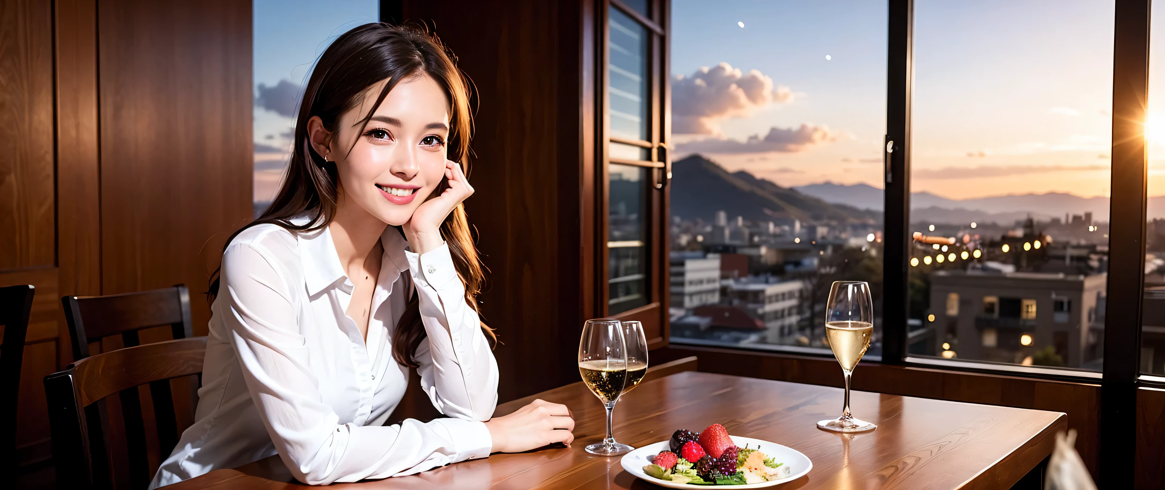 K, Hmm, highest quality, masterpiece: 1.2), (realistic, photorealistic: 1.37), Spectacular view of the sunset sky and clouds、Amazing mountain views、3 slim beauties, (slim face),Happy、 the best smile、Fox face、Berry Short、(because I&#39;thin), (brown hair), (shortcut), long sleeve shirt、winter fashion、Colombian、Brazilian、Japanese、Dutch、German、Portuguese、Belgian、Italian、French,Champagne、sparkling wine、 (squirt), (slim body), (brown hair), (shortcut), neat beauty、cheeks turn a little red, (35 years old), 38 years old, alone, A beautiful and detailed night view spreads out outside the window....., restaurant, wine glass is sitting, At night, in a prominent place (from the Upper body) nova frog style, actress, model, Upper body, White wine, slim, wine glass, Very beautiful night view, wine glass Put in the Middle, Happy smile, (smile: 1.15), 