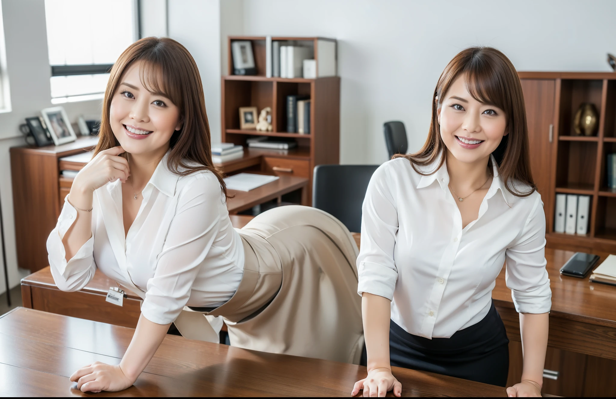 ((Best Quality, 8k, Masterpiecedetails, ultra-high resolution)), (looking at the viewer), (full shot:), attractive business 1 milf laying down on office, desk, a bit chubby:0.25, white collared shirt, grey skirt, (doggy posing on the desk)), smile, office of CEO,