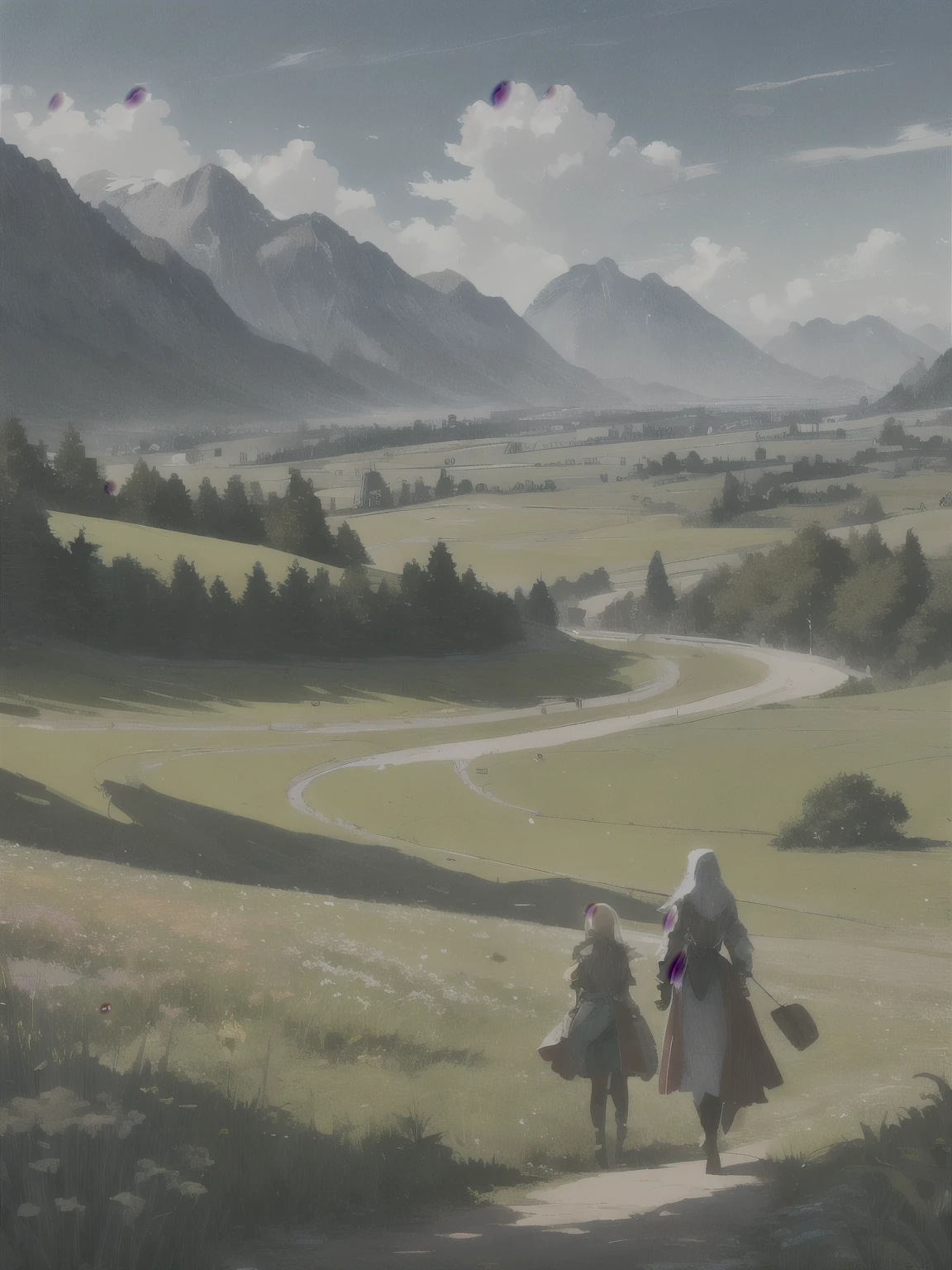 In a green meadow stands a girl leading a group of knights.
BREAK
With a brave expression, she guides them towards their destination.
BREAK
Behind her, a green forest stretches out and beyond that, mountains rise in the distance.
BREAK
The most suitable effect for this scene would be a watercolor painting technique to capture the softness of the meadow and the fluidity of the movement.