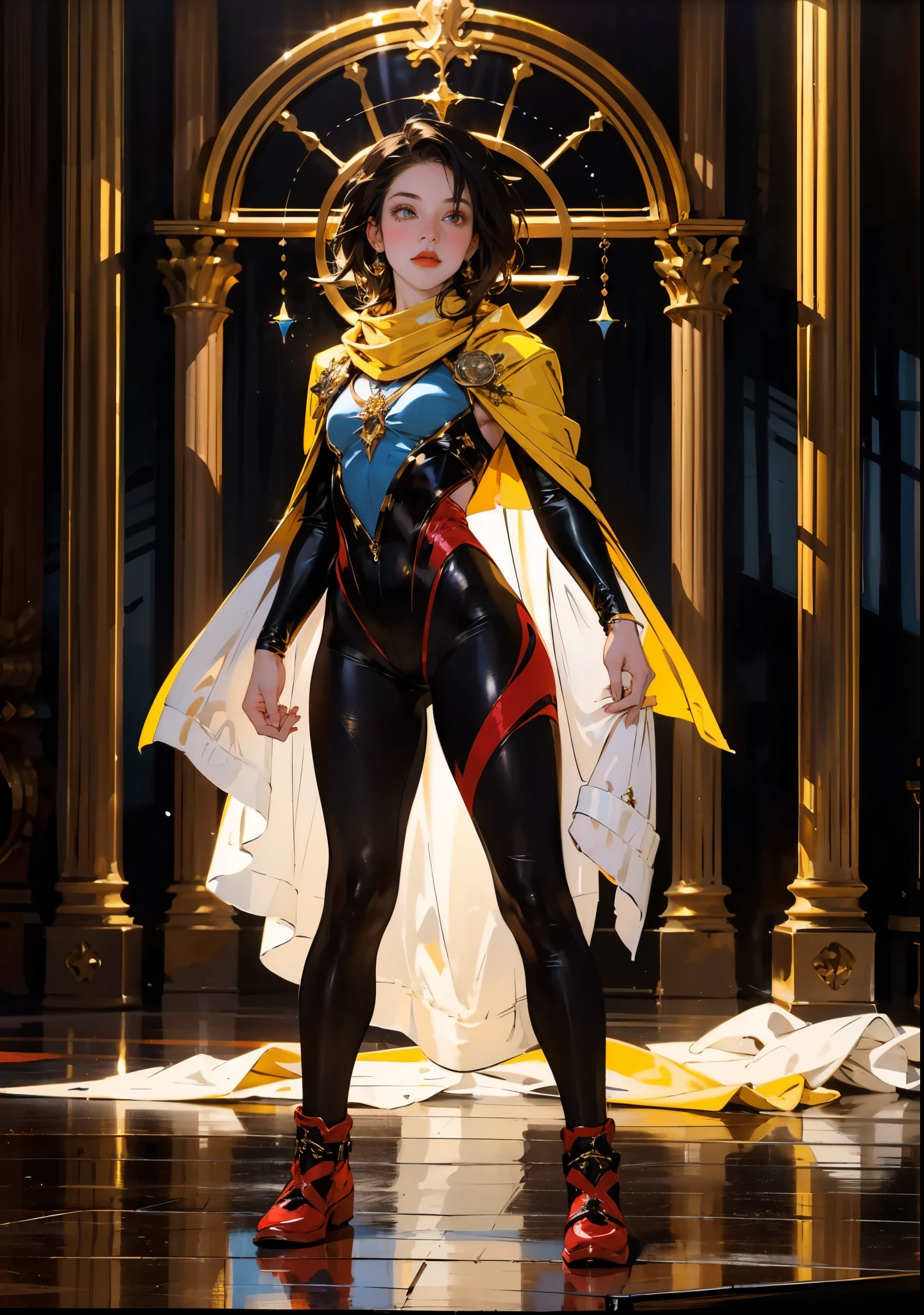 A teenager girl with short brown hair, delicate features, a focused gaze, a determined expression, she has a petite figure akin to a gymnast, adorned with a long flowing cape-like scarf in red and yellow hues, a fantasy-realism-style gymnastics leotard with a long hemline attached, paired with matching leggings, ((black as the main color, complemented by red and yellow accents)), (she poised on a vast stage enveloped in mystery, she emitting a sacred glow in the dim environment), this character embodies a finely crafted fantasy-realism-style dancer in anime style, exquisite and mature manga art style, perfect body, porcelain skin, high definition, best quality, highres, ultra-detailed, ultra-fine painting, extremely delicate, professional, anatomically correct, symmetrical face, extremely detailed eyes and face, high quality eyes, creativity, RAW photo, UHD, 32k, Natural light, cinematic, masterpiece-anatomy-perfect, masterpiece:1.5