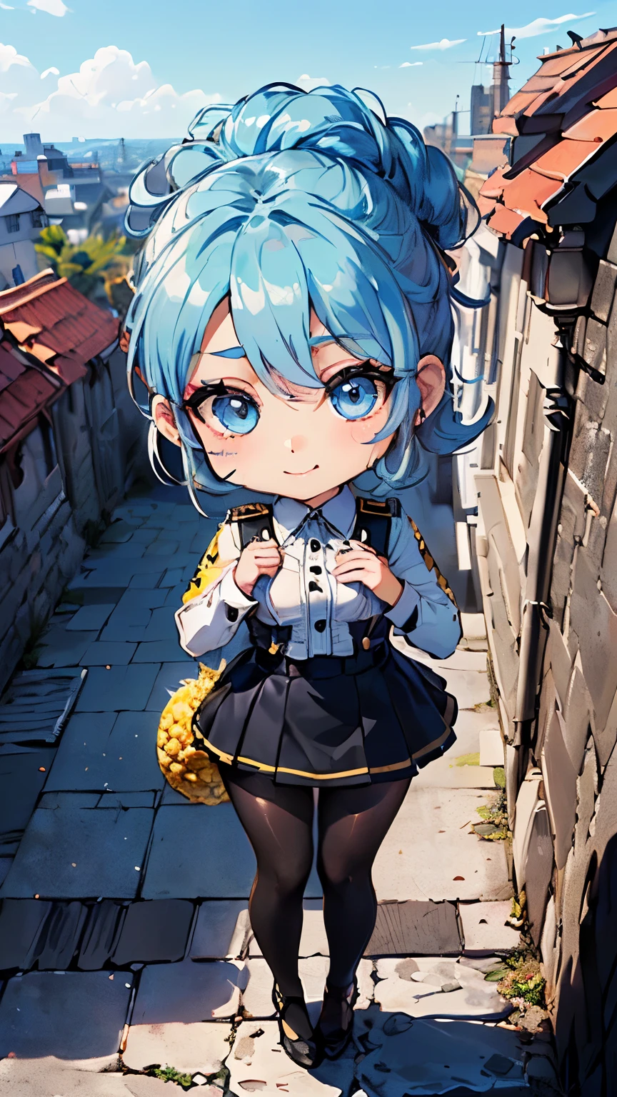 (perfect first take、A picture for everyone、Shin-e、A piece of miracle:1.1)、(pineapple、chibi whole body、slim body、8k、highest quality、Moe:1.5),(Ultra-detailed retina、super detail eyes、attractive face、chibi makeup、pineappleの紋章:1.5)、(light blue hair、light blue eyes、Delicate bristles、short hair、chignon hair:1.5)、(best lighting、best shadow、very delicate and beautiful:1.2)、(train、stone floor、stone wall:1.1)、(interrupt、strike、civil servant cadet:1.3) ,(hair is frizzy、bright rooftop、tights、black bootilitary uniform with medals、upper grade、happiness、The chest I saw by chance、Super close range:1.3)