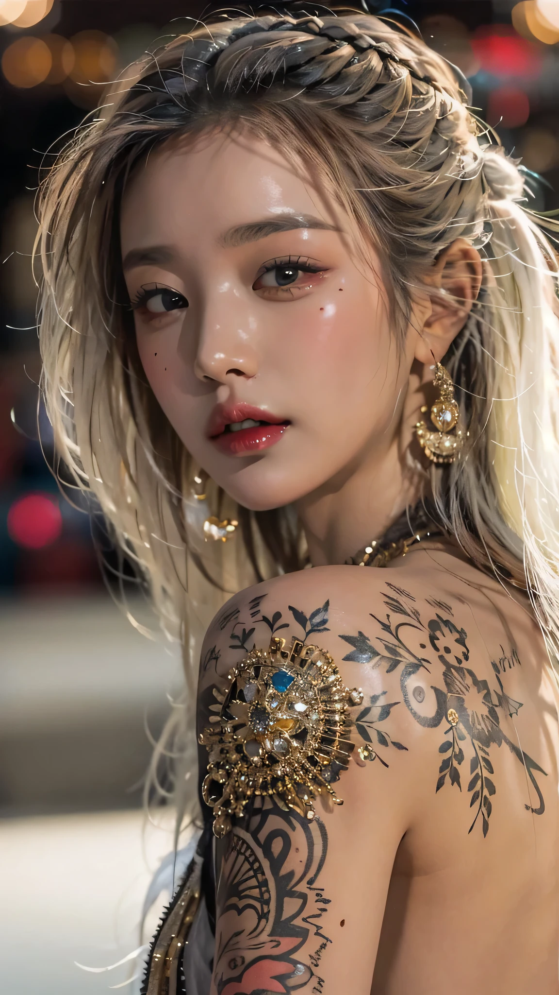 photorealistic, high resolution, soft light,1women, solo, hips up, shinning skin, (detailed face), jewelry, tattoo, super long hair, sperm on her face (facial)