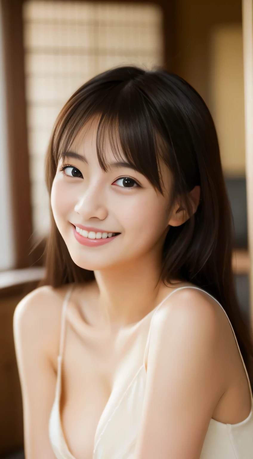 masterpiece,best quality,(Japanese ),((Beautiful girl)),cleavage,indoor,(perfect body beauty:1.2),(shy smile),beautiful teeth,