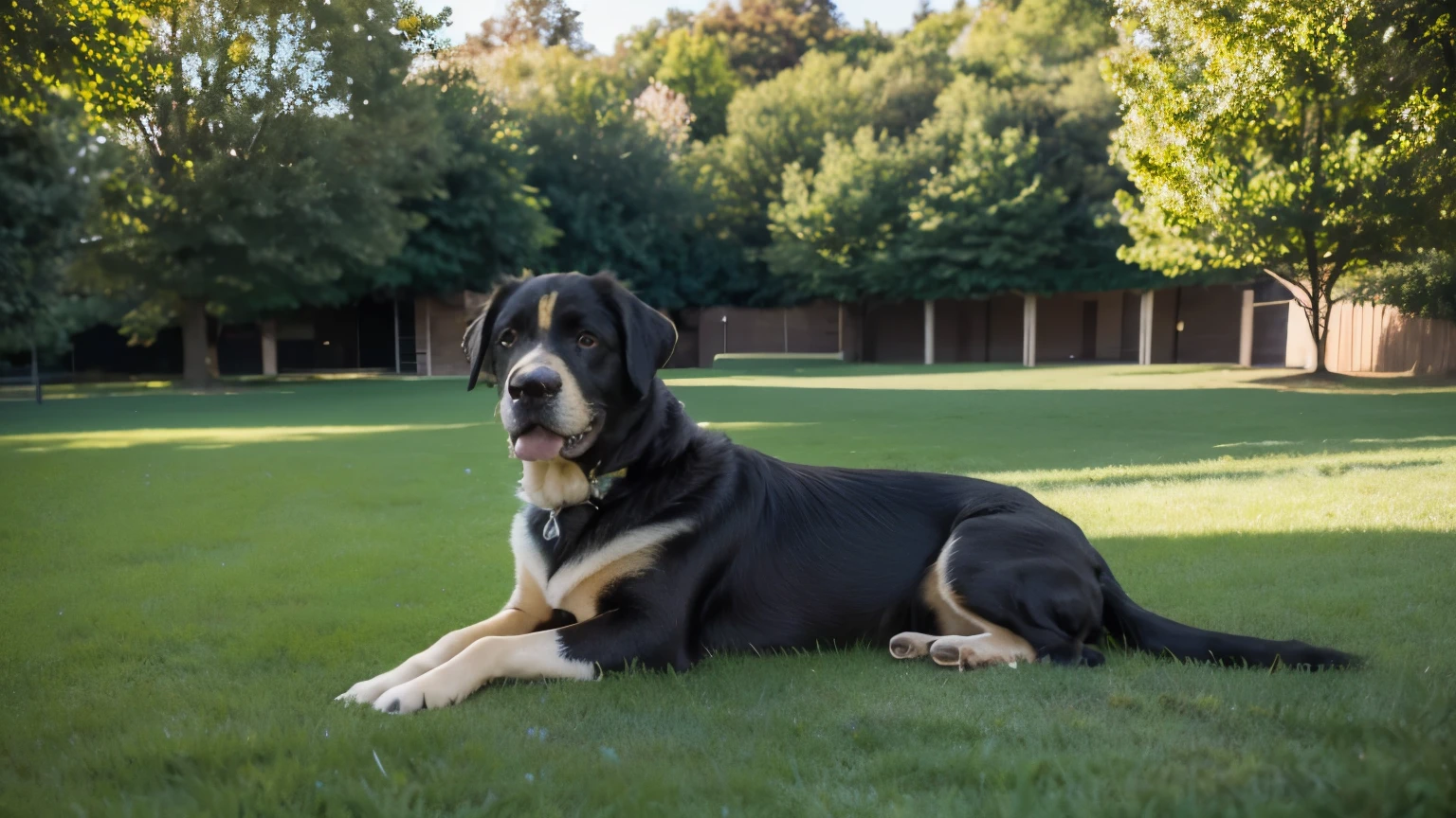 Distant view of spring green grass Labrador lying on the lawn courtyard background fine grass