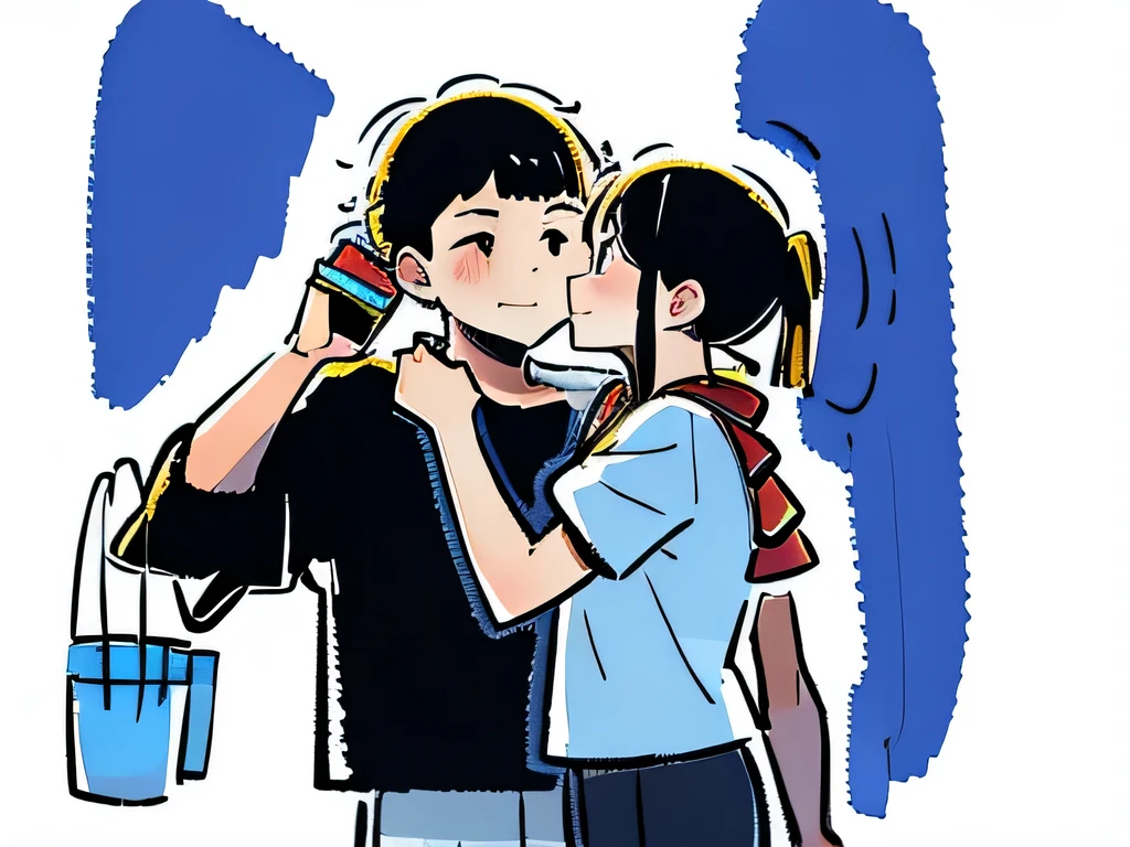  illustration of a girl and boy standing posing for a picture, girl is holding boys face
