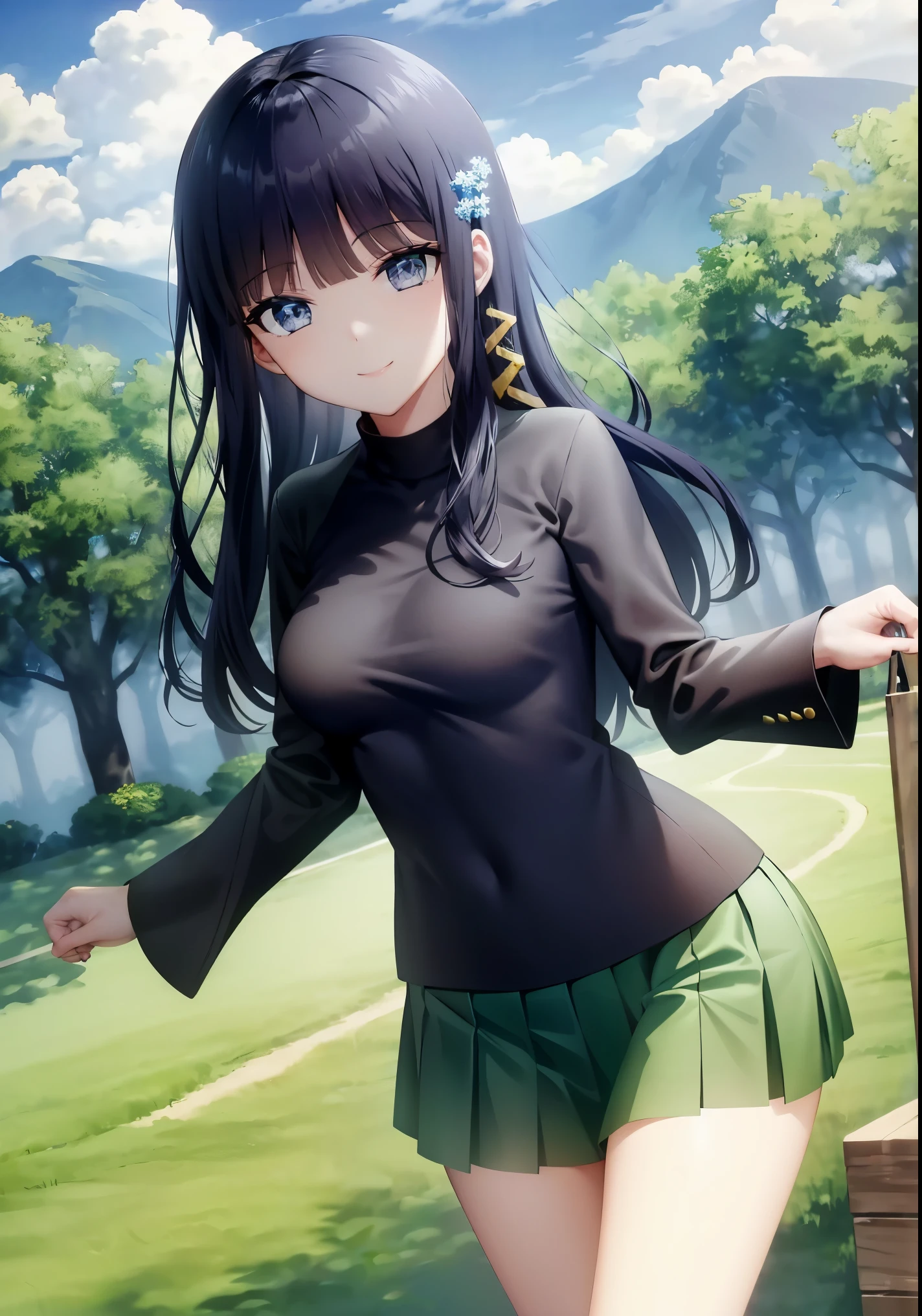 masterpiece, best quality, ultra-detailed, beautiful detailed eyes, extremely detailed eyes and face, 1girl, ShibaMiyuki, hair ornament, black t-shirt, green skirt, pleated skirt, ((medium breasts)), standing, looking at viewer, smiling, seductive smile, forest, day, sky, cloud, cowboy shot, full body, 