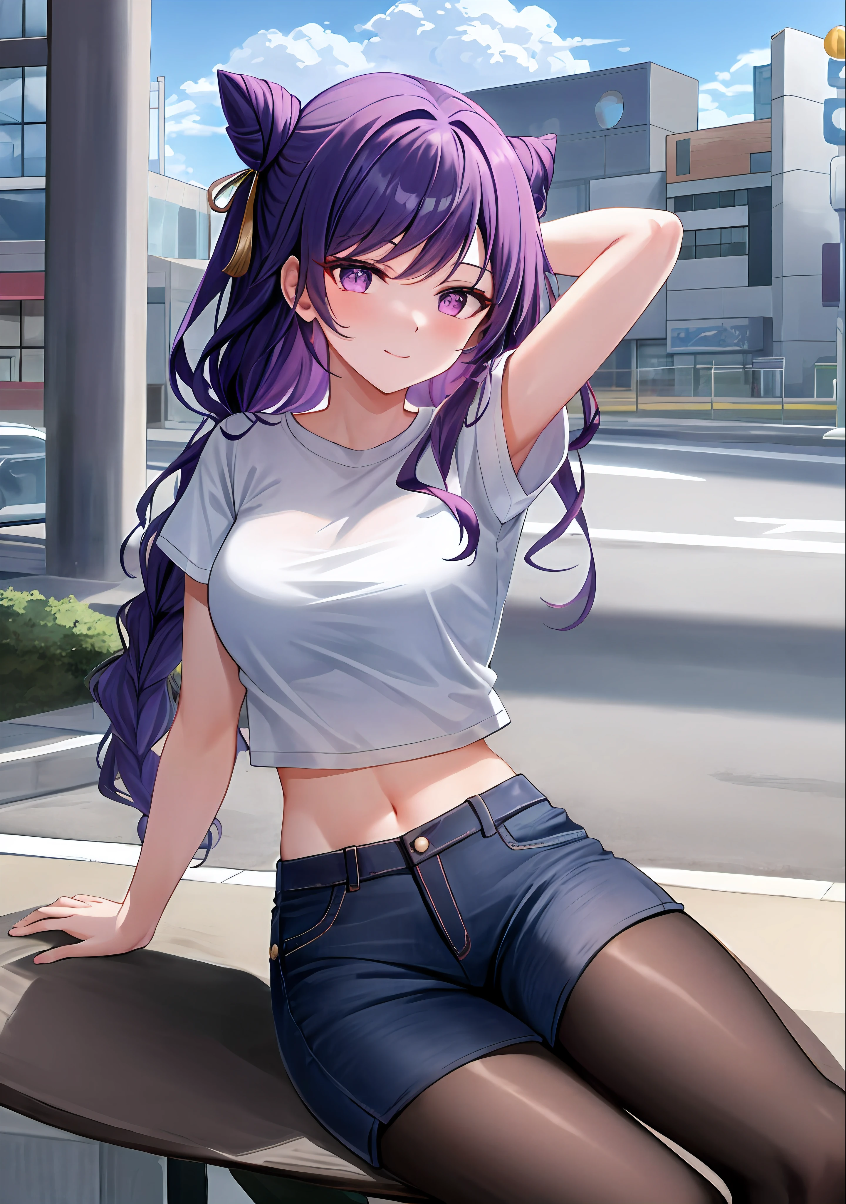 (masterpiece, best quality, Super detailed), Keqing \(Genshin Impact\), (purple hair), cone bun, Double tail, long hair, Scan your bangs, braid, braided bangs, purple eyes, pink eyes,
(wearing a t-shirt:1.2), Sit in a chair outside the café, Embrace the beauty of nature, Sunlight, Beautiful cloudy sky, City, street, Denim shorts, black stockings,
medium breasts, Thick thighs, critical angle, Cowboy shooting, Put your arms behind your head, arms behind back, armpit, faint smile, crop top, Strong and seductive expression,,