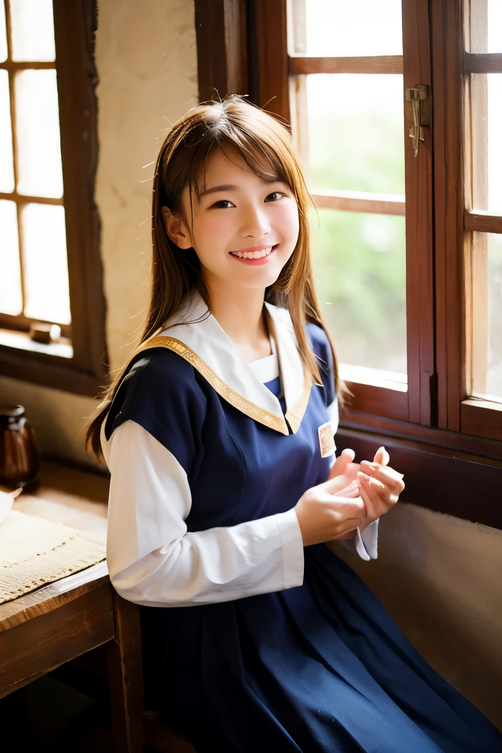 ancient folk house、beautiful girl、By the window、smile、Japanese、uniform、quat、gal、brown hair
