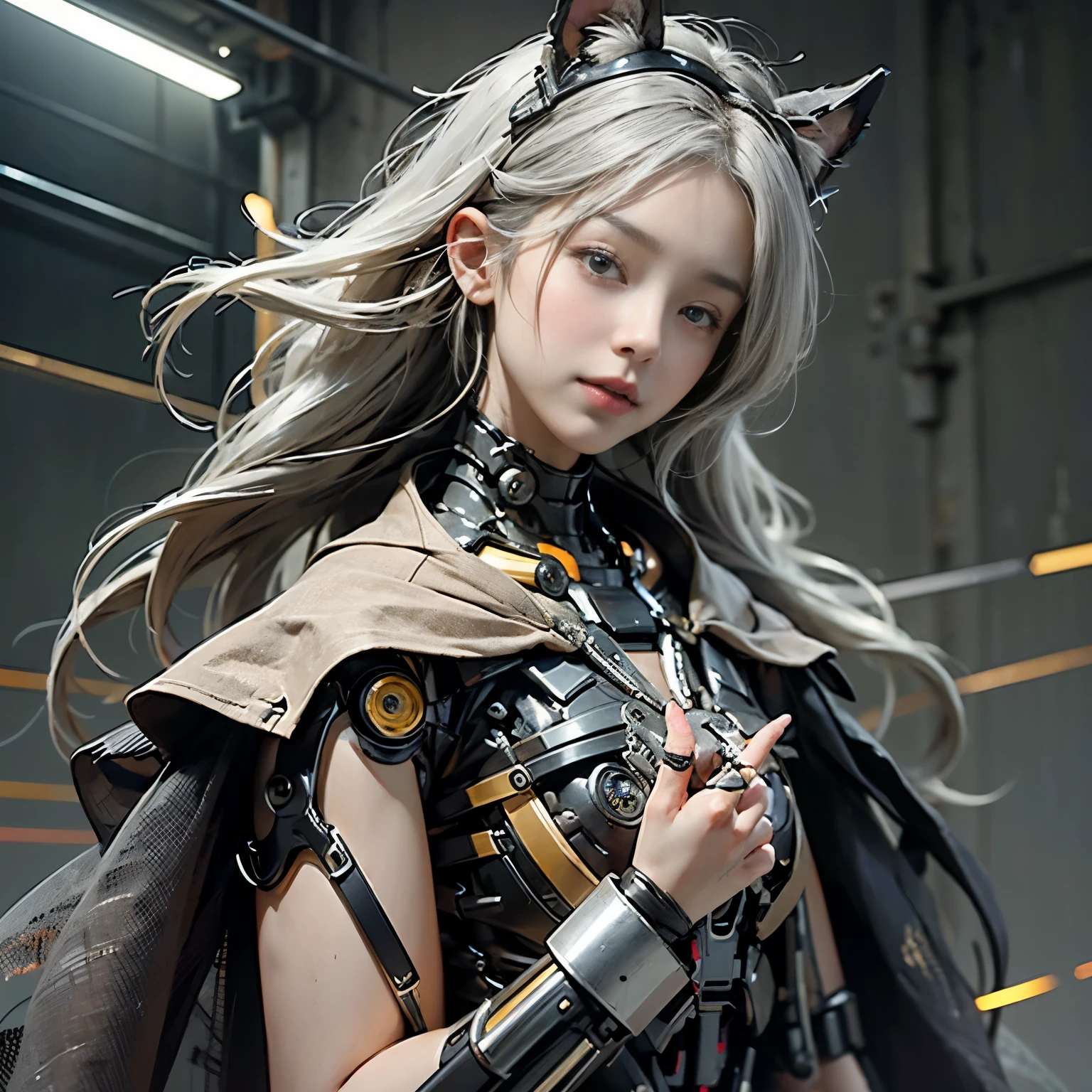pretty face,The face is Japanese, 1 female, big deal, Curvy, (16K, original photo, top quality, masterpiece: 1.2), (high dynamic range, actual, lifelike: 1.37) (tubes connected to body), (bikini robot robot parts)))), (light gray hair), long hair, curls, Double tail, medium shot, ( seductive smile)), (black eyes), double eyelids, princess cut, from below, (whole body),pose,,in the laboratory,( A tube connected to a blood vessel),((Mechanical vertebrae attached to the back)),((Mechanical neck attached to the neck)),(Wires and cables connected to the head and body),(Character focus),Science fiction,perfect female figure,perfect anatomy, superanatomy, whole body照, between up to 4 fingers and 1 thumb, Ball joints,