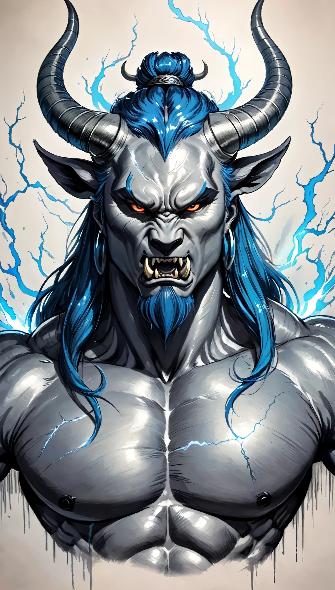(Pencil_Sketch:1.2, messy lines, greyscale, traditional media, sketch),The name of the mythical beast: Myths and Legends of Diao Tuo,
Appearance features: Diao Tuo is usually depicted as a huge and ferocious beast., There are horns on the head, open mouth, Protruding lower jaw, Wide distance between eyes. Looks fierce and powerful.strong and huge body,powerful,The body is surrounded by blue lightning,Fine scales wrap the strength of muscles,Top protection has formed a symbolic meaning: Diuta represents infinity and greed, it is a symbol of, confusion, and destruction