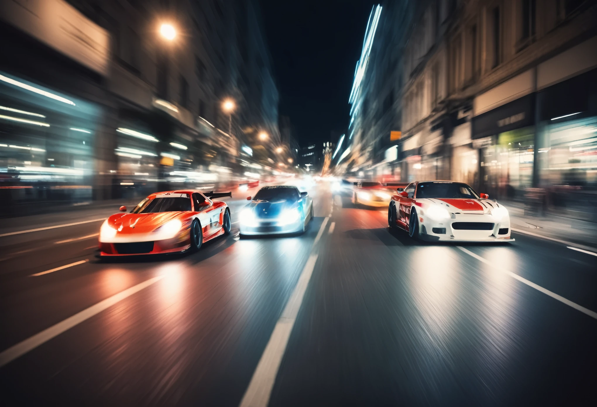 Racing cars at night in the city streets with (motion blur)
