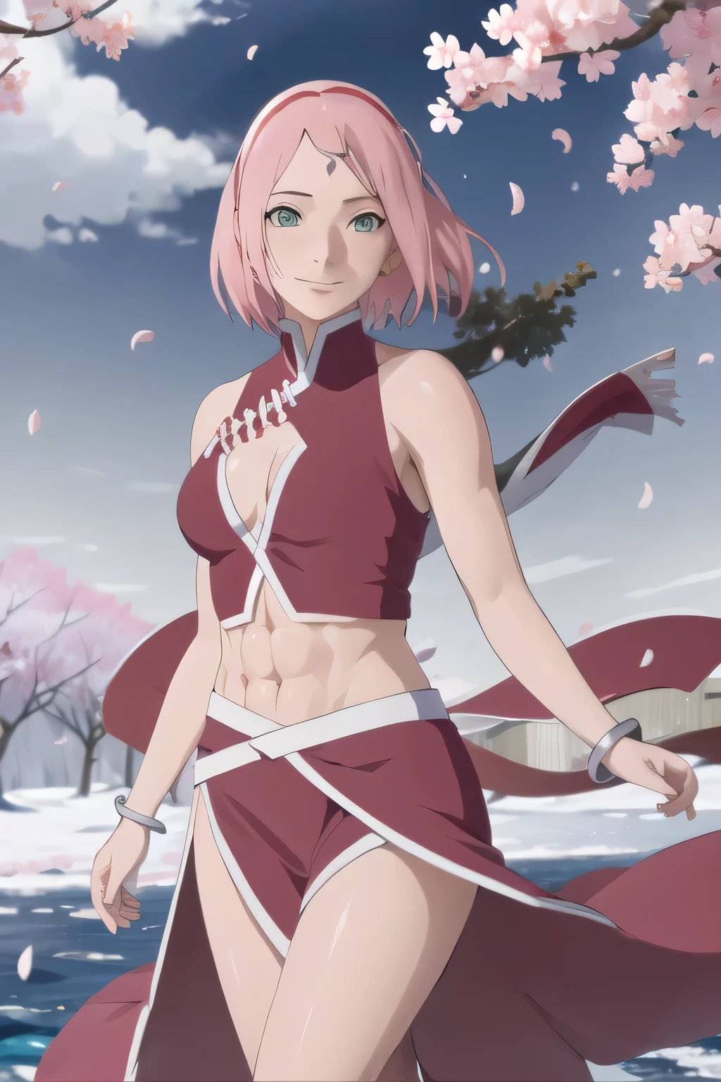 masterpiece, absurdres ,1girl, haruno sakura,forehead mark, white belly dancer outfit , cleavage ,six pack abs, bracelet, cherry blossoms, falling petals, wind, floating hair, one , smile, wariza, 