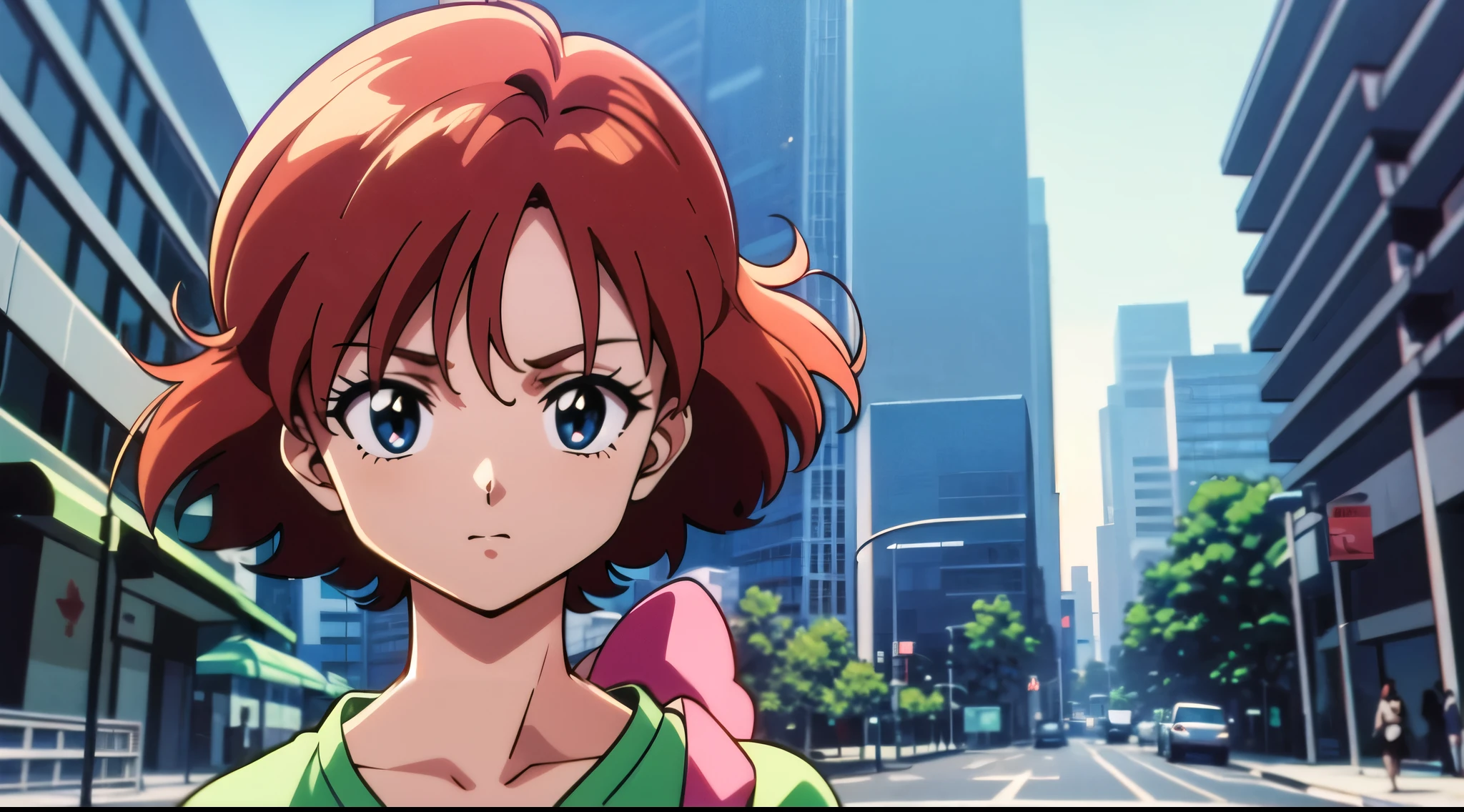 a woman with red hair and a green shirt in front of a building at night, lofi, 8 0 s vibe anime, anime vibes, Digital anime illustration, retro anime girl, anime sedutora, Elogio Artstyle, no estilo de arte do anime 8 0 s, estilo anime. 8k, arte digital do anime cyberpunk, estilo anime 4K, anime 4K.