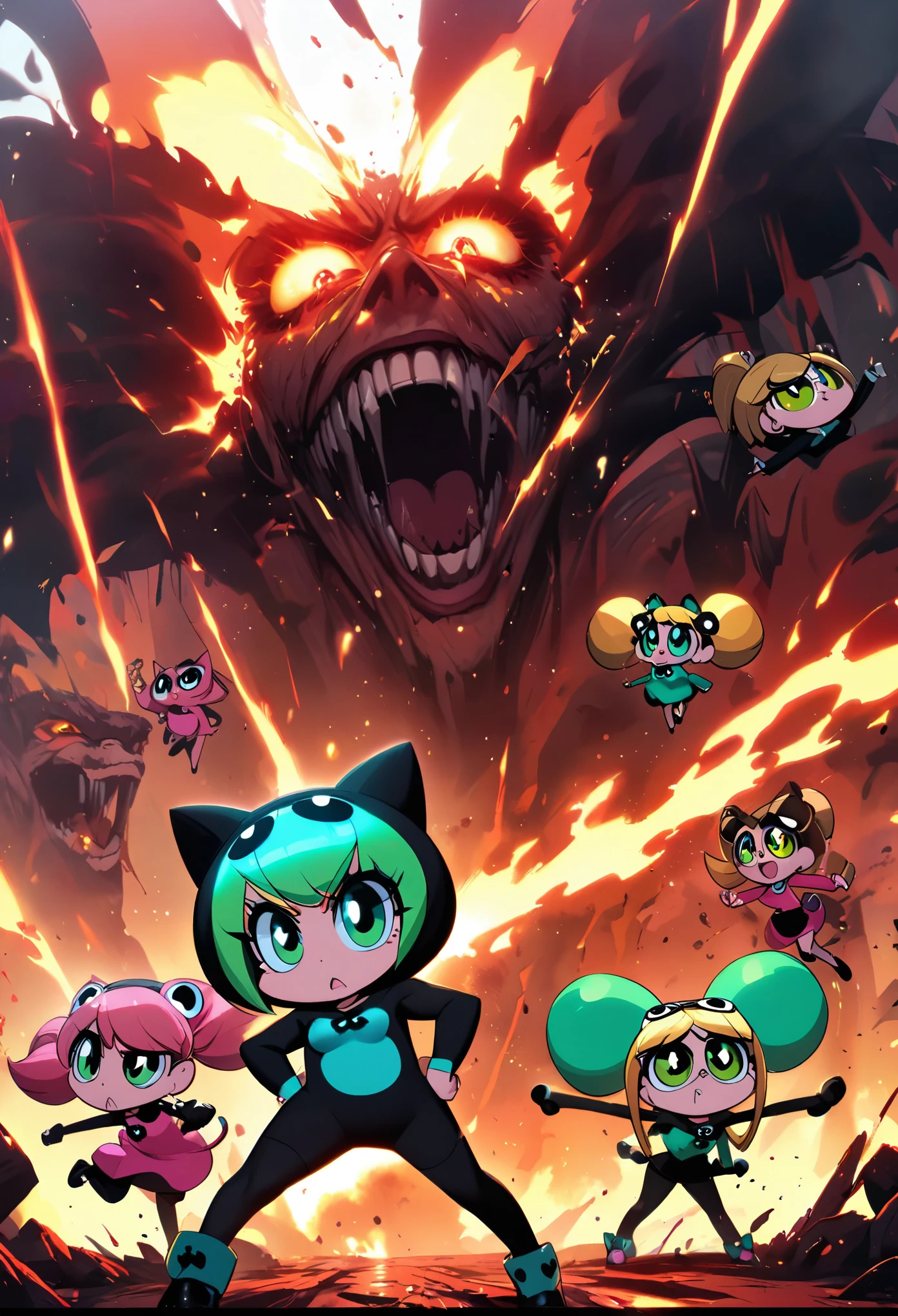 Adult Powerpuff Girls. cat costume. Battles inside the volcano. Crazy monkeys hit them