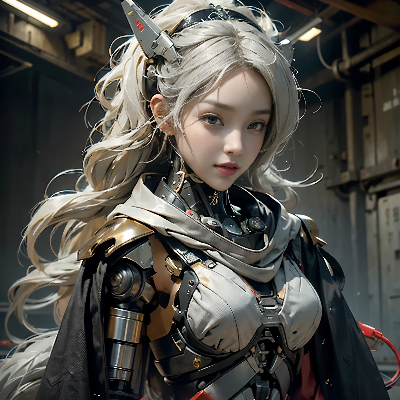 pretty face,The face is Japanese, 1 female, big deal, Curvy, (16K, original photo, top quality, masterpiece: 1.2), (high dynamic range, actual, lifelike: 1.37) (tubes connected to body), (bikini robot robot parts)))), (light gray hair), long hair, curls, Double tail, medium shot, ( seductive smile)), (black eyes), double eyelids, princess cut, from below, (whole body),pose,,in the laboratory,( A tube connected to a blood vessel),((Mechanical vertebrae attached to the back)),((Mechanical neck attached to the neck)),(Wires and cables connected to the head and body),(Character focus),Science fiction,perfect female figure,perfect anatomy, superanatomy, whole body照, between up to 4 fingers and 1 thumb, Ball joints,