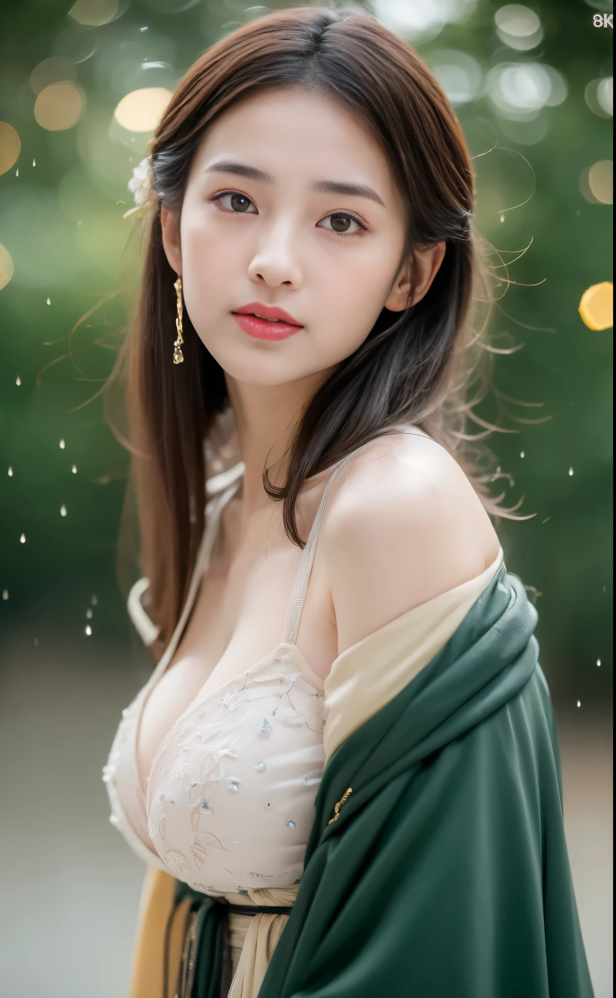 ((best quality, 8K, masterpiece: 1.3)), focus: 1.2, perfect body beautiful: 1.4, buttocks: 1.2, ((layered hairstyle)), (wet clothes: 1.1), (rain, street:1.3), (breast: 1.2), (hanfu: 1.2), bare shoulders, bare legs, Highly detailed facial and skin textures, narrow eyes, double eyelids, skin whitens, long hair, (shut up: 1.5), (bokeh background: 1.5), Big breast