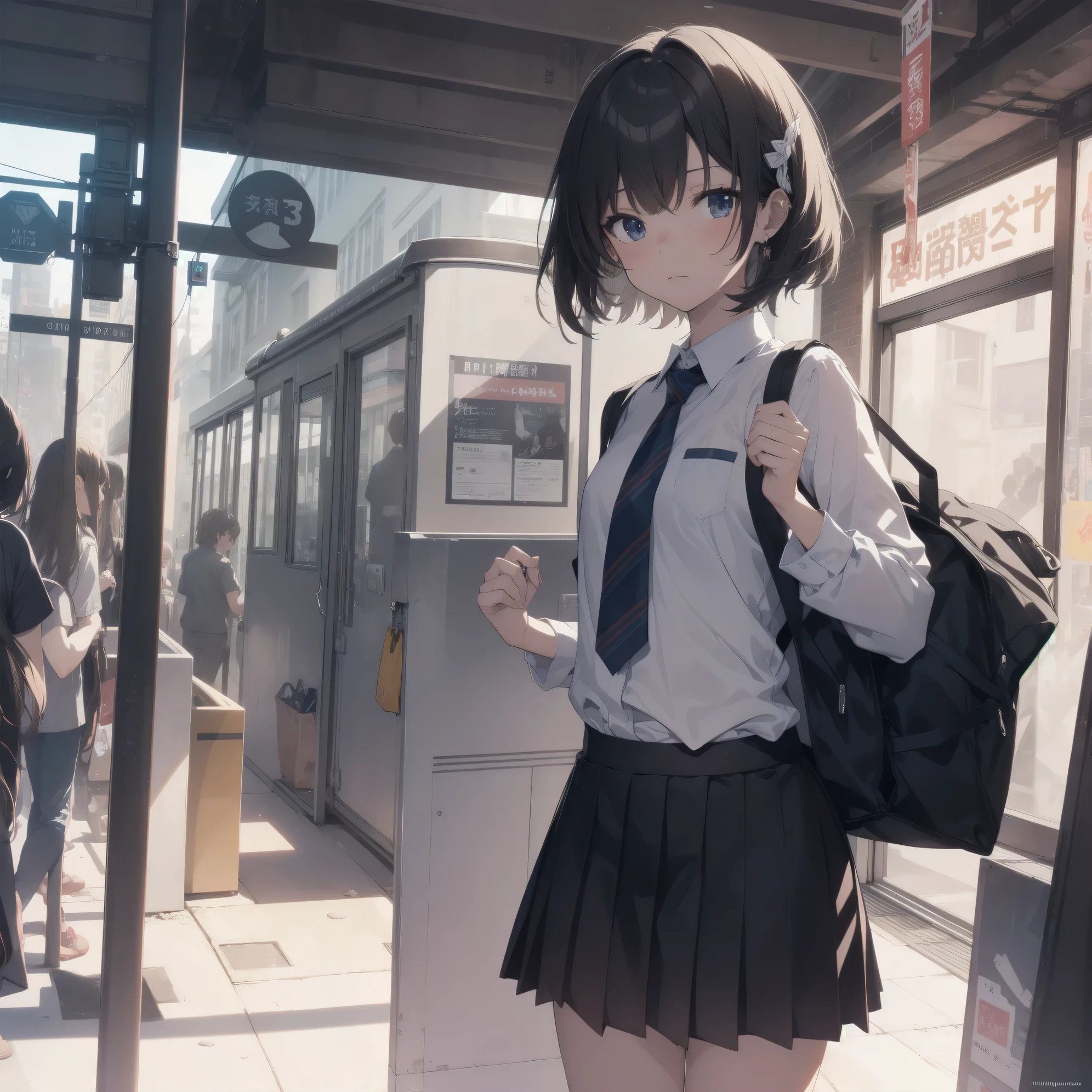Super Absurd - Top Quality from the God of Art, Super detailed, High resolution, anime moe art style, best anime 8K konachan wallpaper, Pixiv contest winners, perfect anatomy,break, (眠そうにalone学校へ行く女の子を描いてください. )break,1 girl, (alone,little woman, 13 years old:1.3),All limbs, full finger,, The charm of an immature body, (very_short hair), shortcut, Bang, flat chest, small ass, between legs, small black eyes, detailed and beautiful eyes, Well-proportioned iris and pupils, expressive eyes, High resolutionの詳細な髪, neck ribbon, shirt, collared shirt, skirt, pleated skirt, , (detailed lighting), (detailed background), On the way to school. break,super dense skin, Best cinematic lighting powered by famous artist, 8K,Beauty Illustration,photoshop_(Moderate),Absurd Hi-Res,UHD,rough skin,break,((artist:Fujiyama)), artist:Fujichoko,artist:Yamamoto_Soichiro,artist:hanekoto
