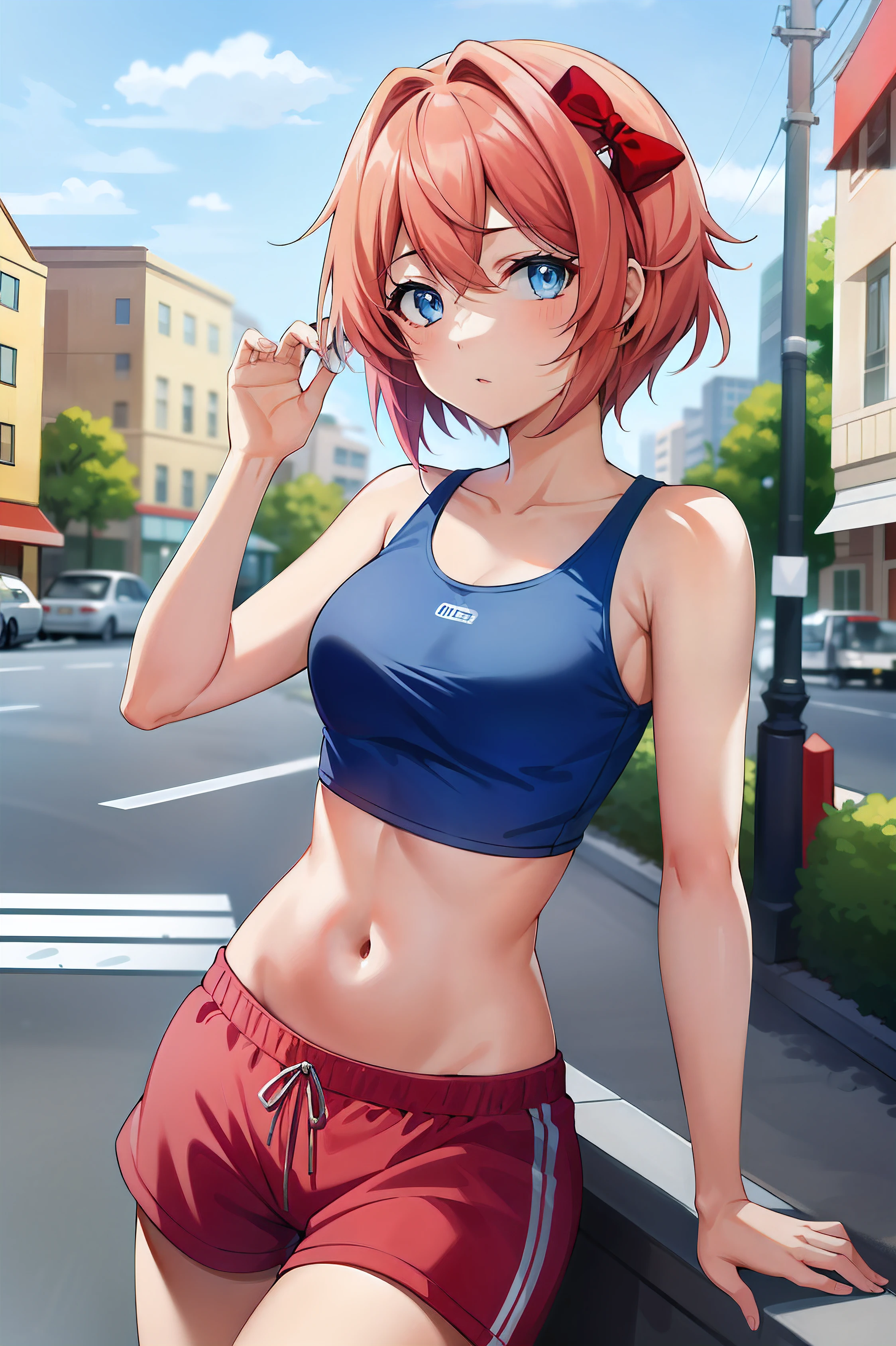 2d, masterpiece, best quality, Japanese cartoons, Very detailed, 1 girl, alone, Sayori, blue eyes, pink hair, short hair, hairpin, red bow tie, pink sports bra, Red jogging shorts, Cowboy shooting, looking at the audience, Street city background