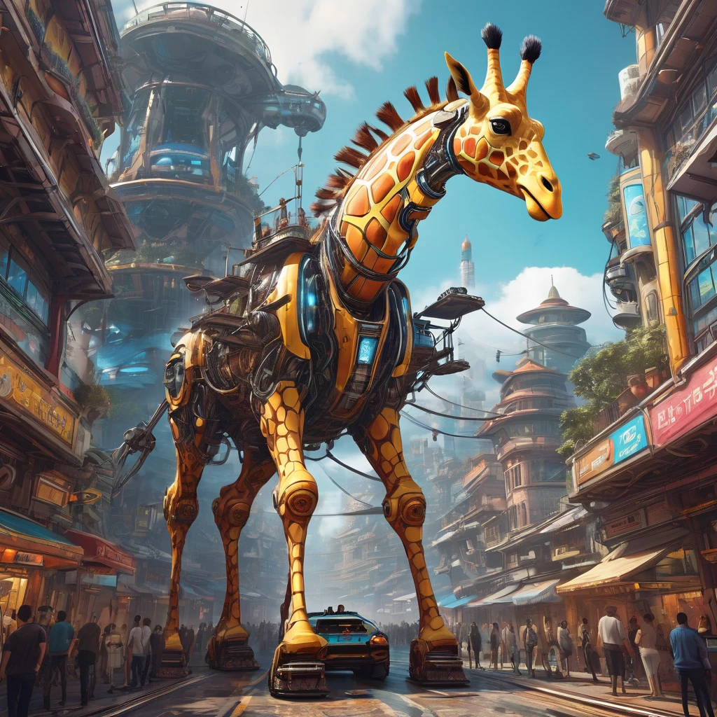 Racing Car, aesthetic, extremely detailed, a futuristic giant racing car shaped like a tall huge mechanical giraffe, people within its body. It uses its mechanical legs to move like a giant robot instead of regular wheels, detailed matte painting, deep color, fantastical, intricate detail, splash screen, complementary colors, fantasy concept art, 8k resolution trending on Artstation Unreal Engine 5