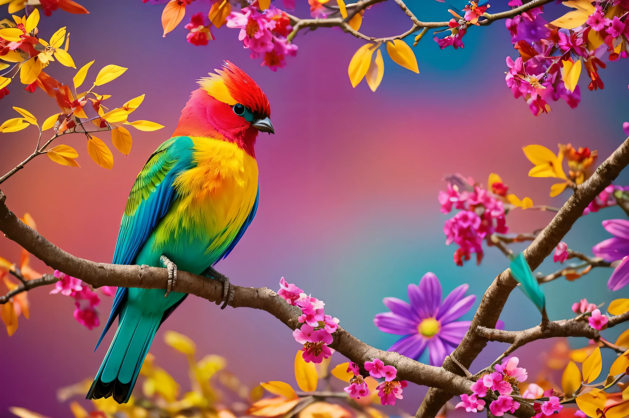 Colorful bird sitting on branch with leaves and flowers, Colorful HD pictures, Beautiful and colorful, Colorful 8K, colorful birds, colorful bird,grow, Full color、Rich in details, Beautiful and colorful, Beautiful bright colors, Surreal birds, a Surreal birds, colorful feathers, Colorful 4k, Details and vibrant colors, Vibrant true colors