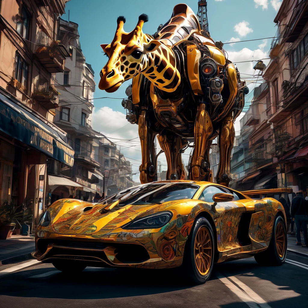Racing Car, aesthetic, extremely detailed, a futuristic giant racing car shaped like a tall huge mechanical giraffe, people within its body. It uses its mechanical legs to move like a giant robot instead of regular wheels, detailed matte painting, deep color, fantastical, intricate detail, splash screen, complementary colors, fantasy concept art, 8k resolution trending on Artstation Unreal Engine 5