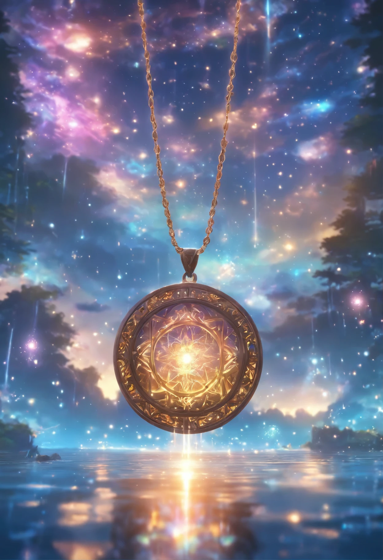 a necklace crafted from divine wood and immortal gold, floating above the mysterious fairy lake, its intricate carvings showing a rotating galaxy, emitting a warm glow that reflects the stars on the lake surface, showcasing the harmony and order of the universe, the three view,masterpiece,best quality,highly detailed,8k,rich background,3d rendering,cg rendering, hyper-detailed rendering --ar 3:4