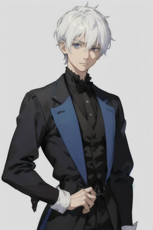 1 person, upper body, (((androgynous adult))), shortish hair, (((person in their 20s))), blue and black color scheme, white hair, anime, no mistakes, best anatomy, masterpiece, hq, hd, set in the 1800s, 1800's clothing, 1800's background