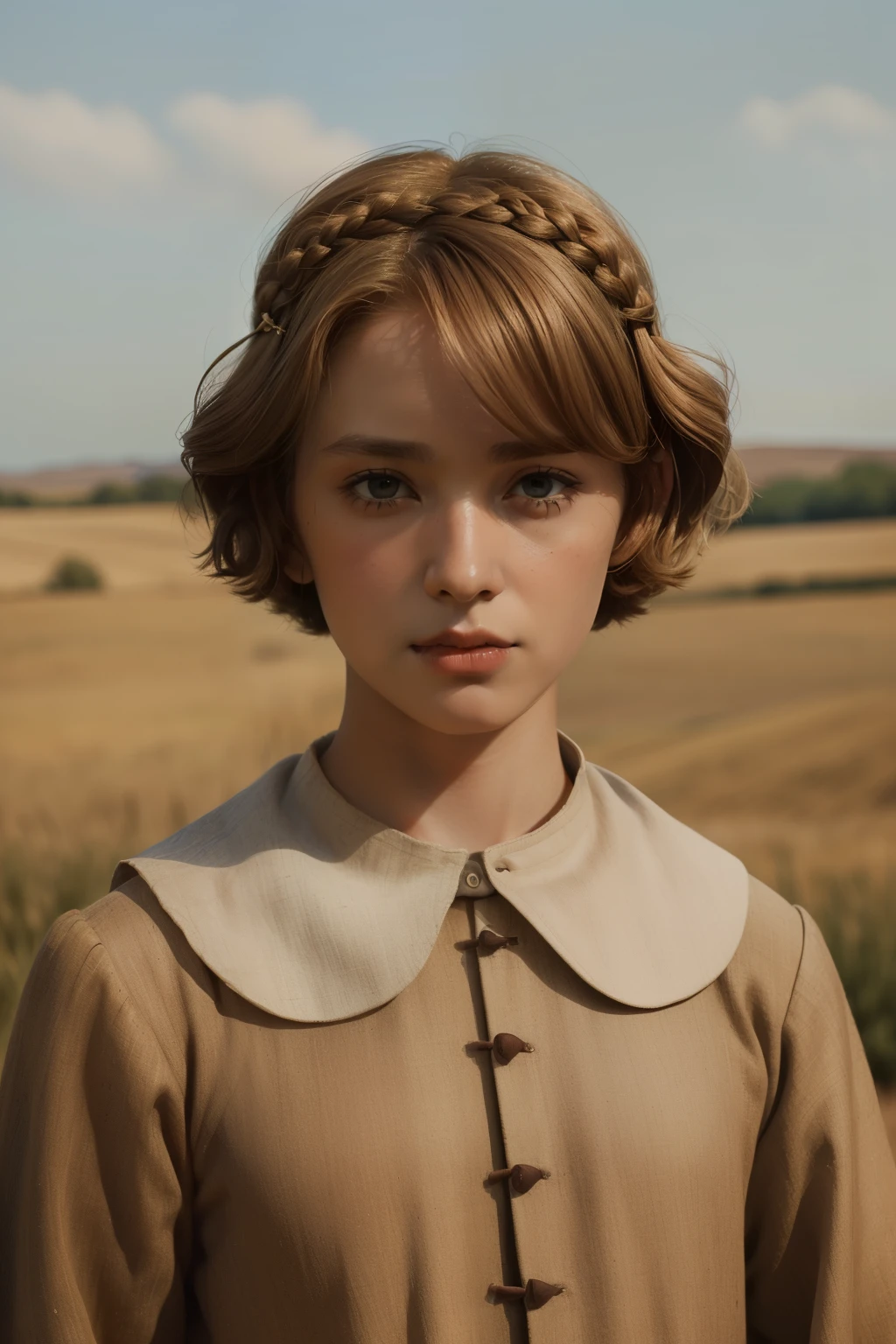 England, 1346. A young ((((29-year-old)) Caris Wooler)), attractive, expressive eyes, in an arid field, ((determined expression)). (((boy clothings from the 1340s)))), ((light chestnut bob hairstyle of the 1340s))