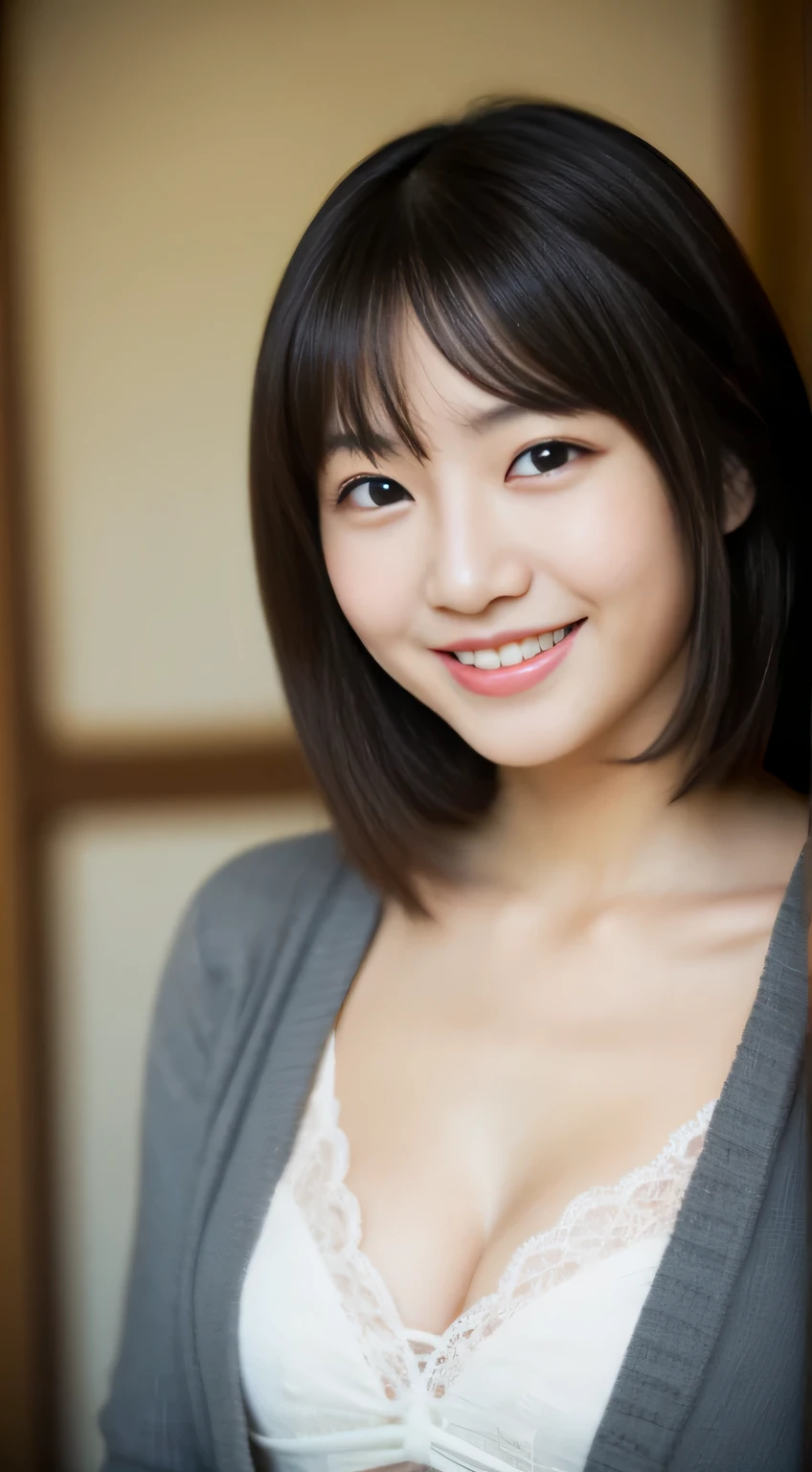 masterpiece,best quality,(Japanese ),((Beautiful girl)),cleavage,indoor,(perfect body beauty:1.2),(shy smile),beautiful teeth,