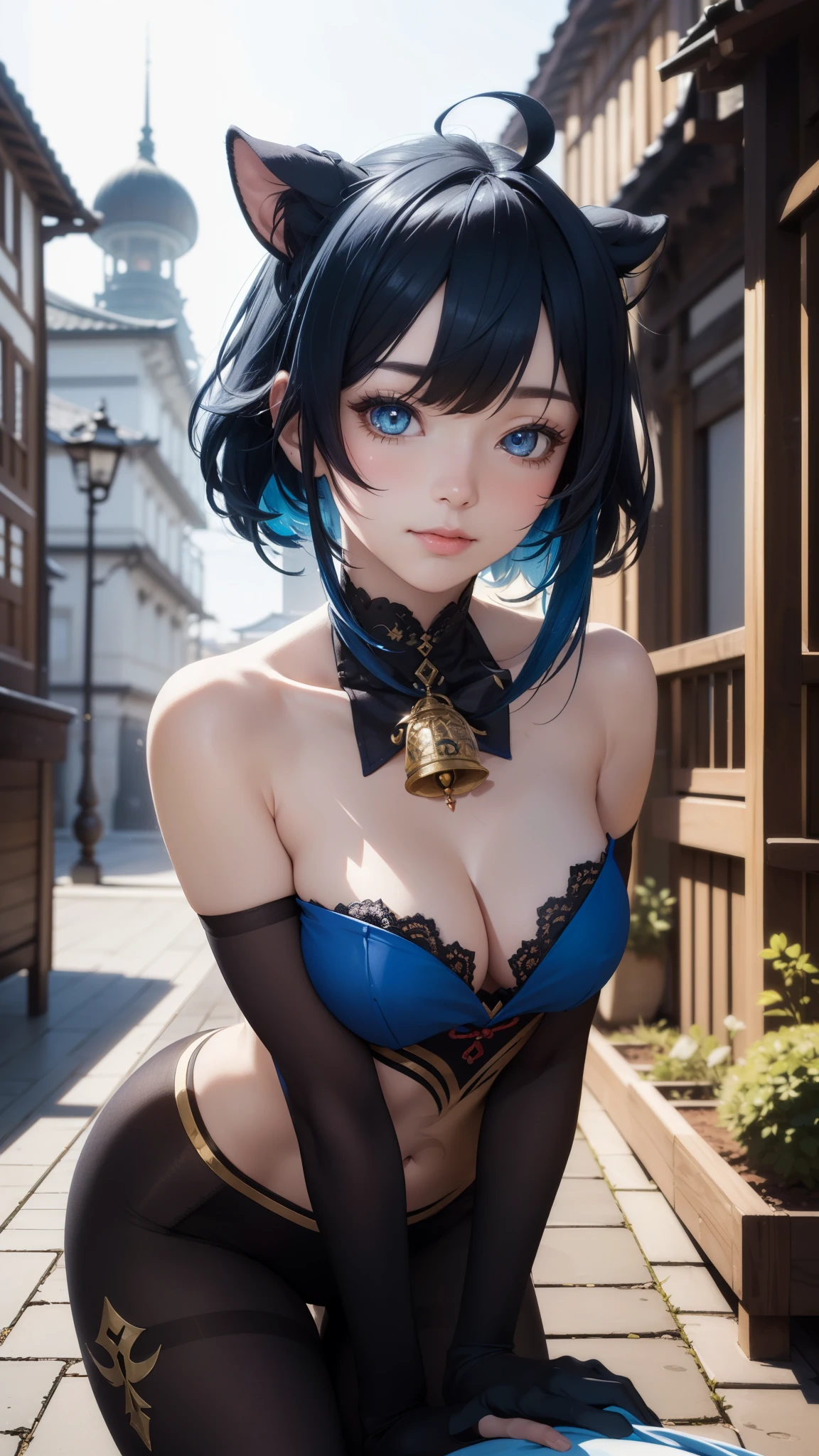 (photorealistic:1.4), (masterpiece, sidelighting, finely detailed beautiful eyes: 1.2), masterpiece*portrait, realistic, 3d face,
ganyu \(genshin impact\), 1girl, ahoge, architecture, bangs, bare shoulders, bell, black gloves, black pantyhose, (blue hair)...