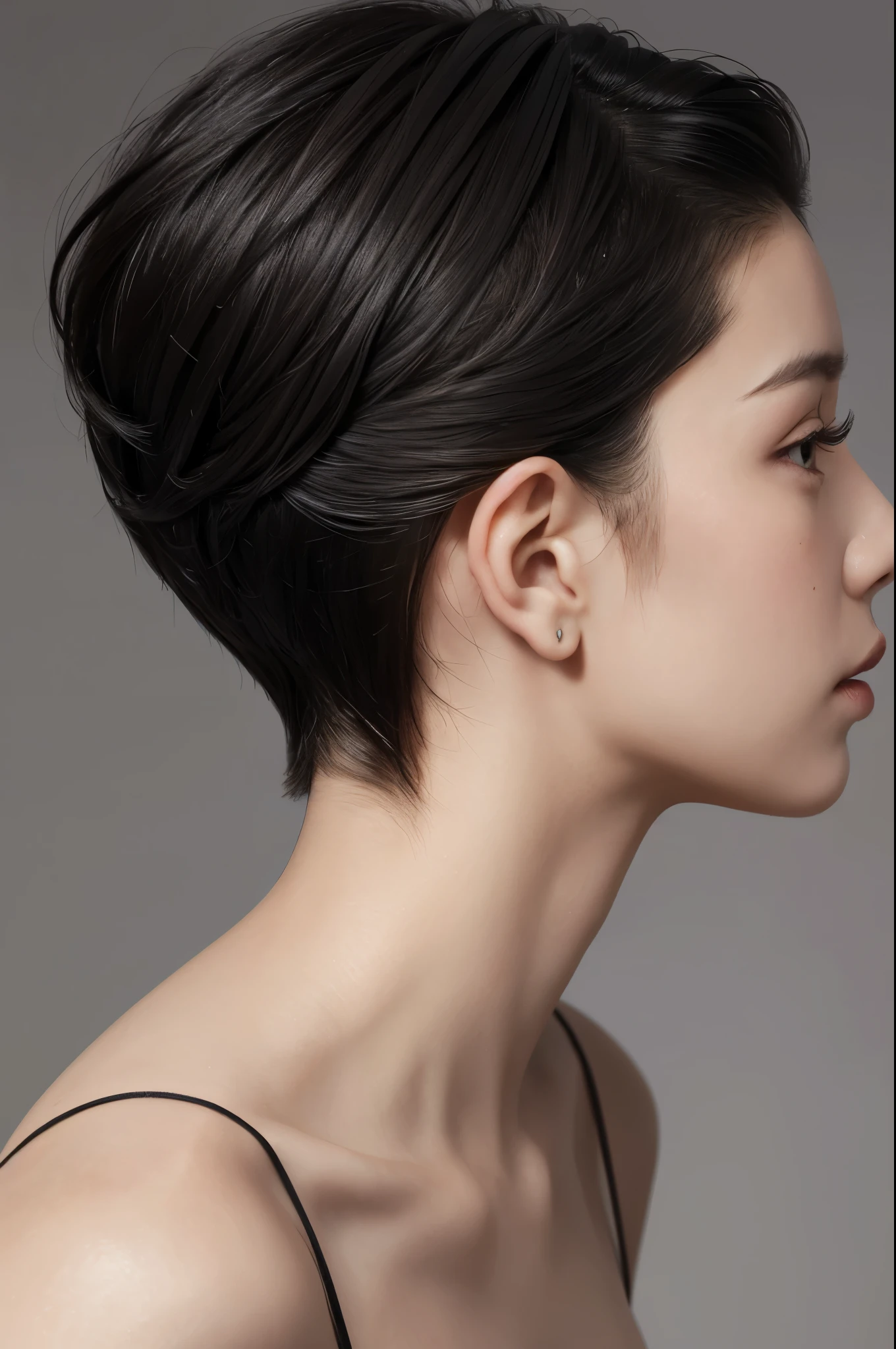 natural skin,(close-up:1.0) photo of as (young:1.0) woman, (oiled skin:1.0), (tilted angle shot:1.0), (slick undercut hair:1.2), (8k uhd:1.0), (best quality:1.0), (masterpiece:1.0), (sharp focus:1.0), (basic grey backdrop:1.0), side view