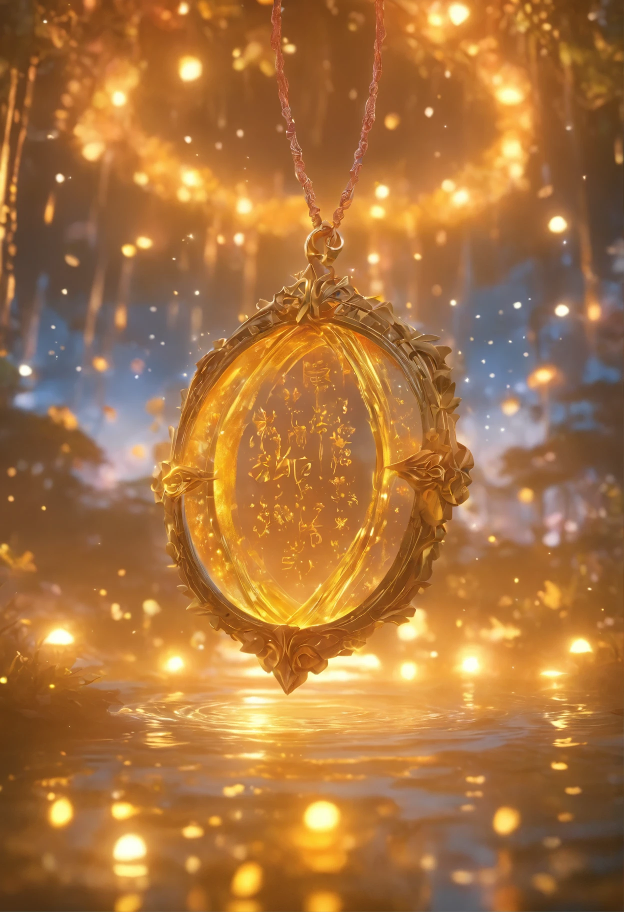 a necklace crafted from divine wood and immortal gold, floating above the mysterious fairy lake, its intricate carvings showing a rotating galaxy, emitting a warm glow that reflects the stars on the lake surface, showcasing the harmony and order of the universe, the three view,masterpiece,best quality,highly detailed,8k,rich background,3d rendering,cg rendering, hyper-detailed rendering --ar 3:4