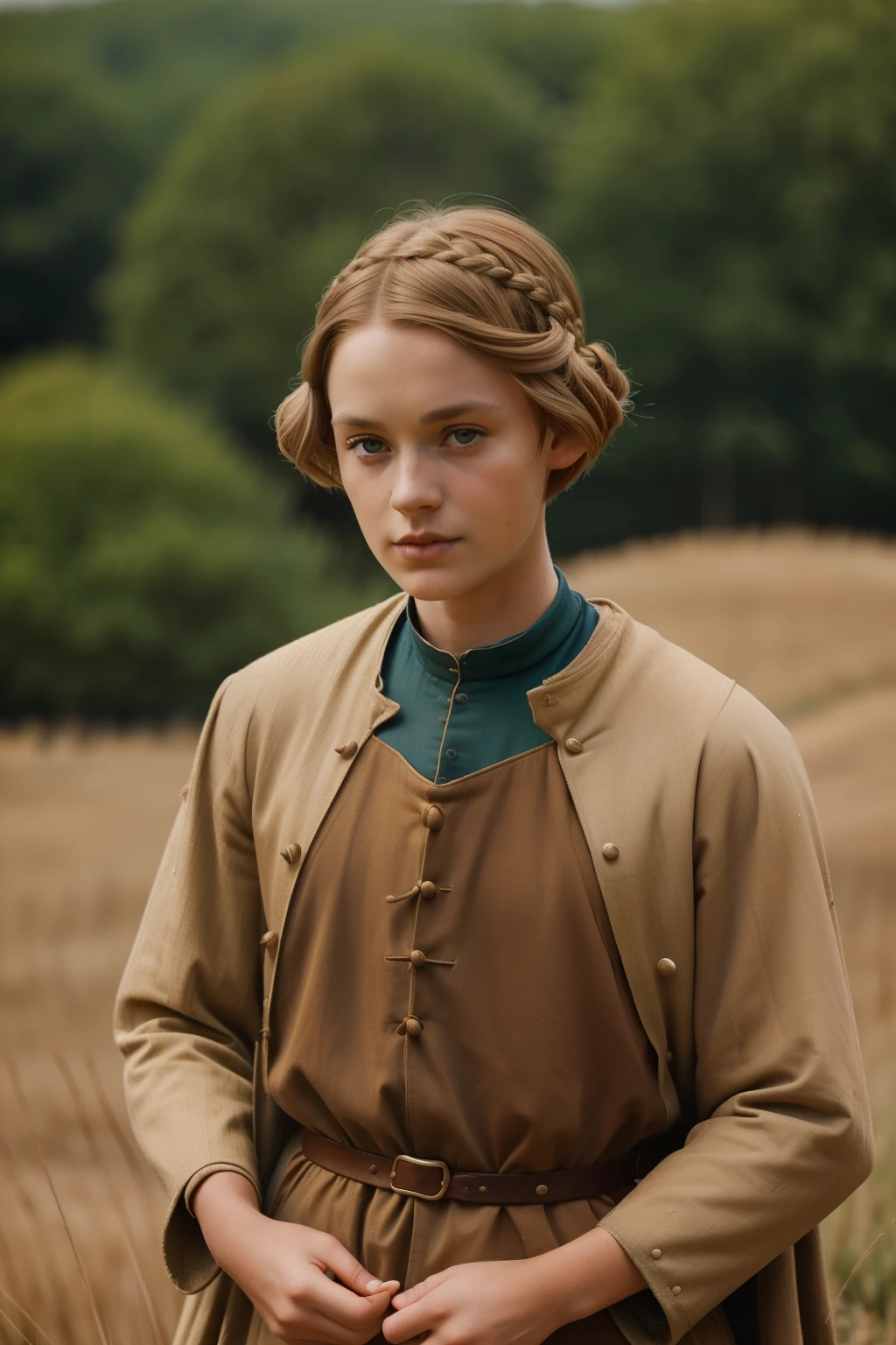 England, 1346. A young ((((29-year-old)) Caris Wooler)), attractive, expressive eyes, in an arid field, ((determined expression)). (((boy clothings from the 1340s)))), ((light chestnut bob hairstyle of the 1340s))