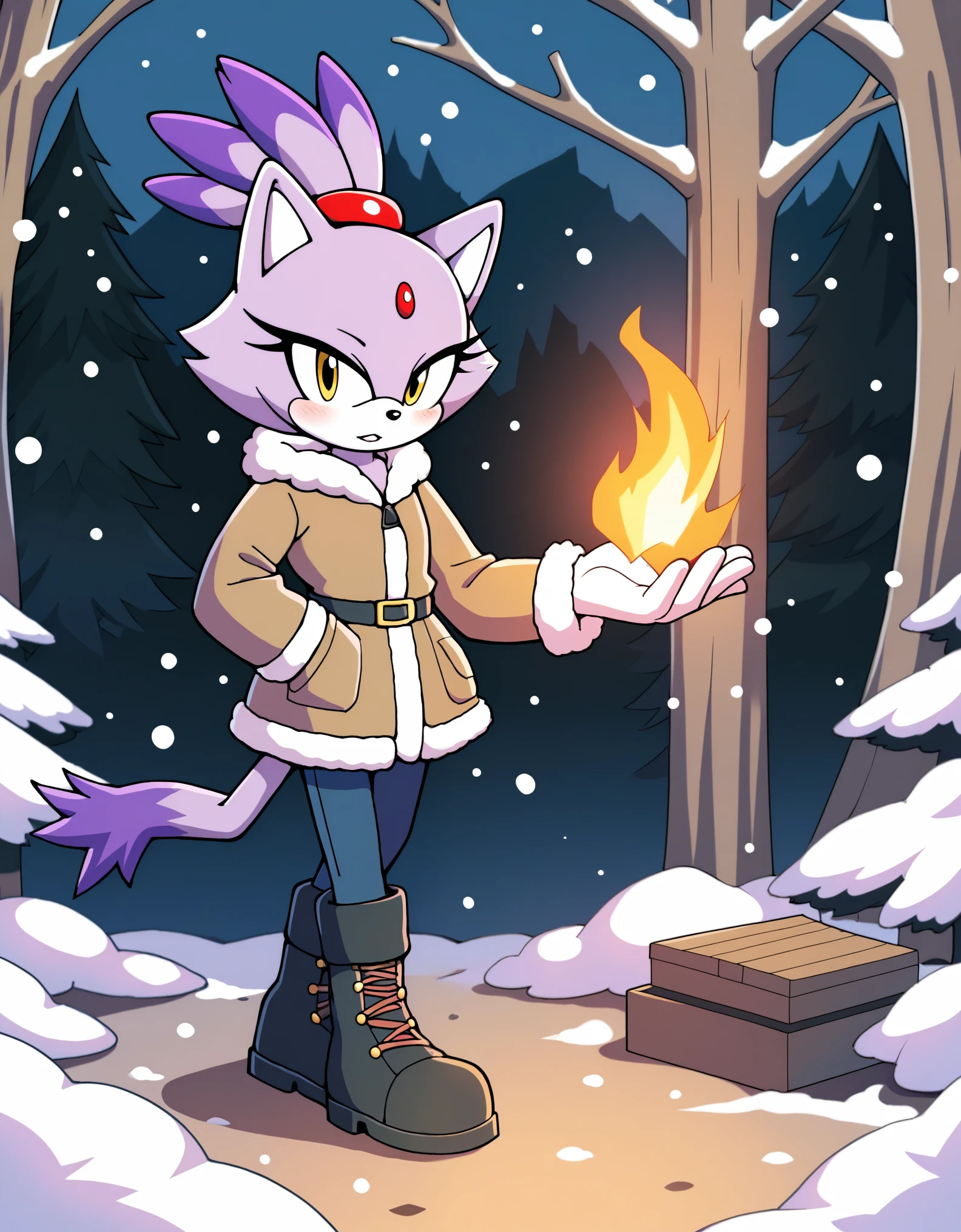 score_9, score_8_up, score_7_up, ((Masterpiece)), high quality, studio quality,  1girl, Blaze the cat, yellow eyes, black jeans, boots, looking at viewer, hands in pockets, belt, :3, blush, fur-trimmed coat, forest, snowing, snowflakes, walking