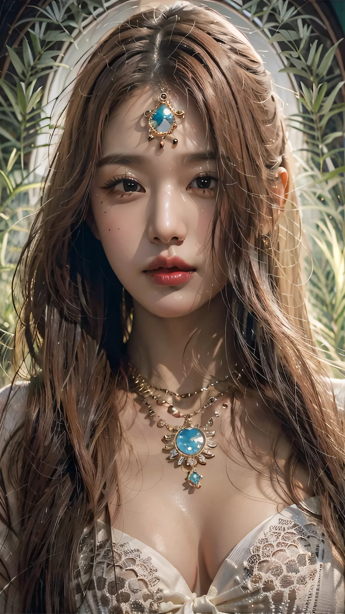 photorealistic, high resolution, soft light,1women, solo, hips up, shinning skin, (detailed face), jewelry, tattoo, super long hair, sperm on her face (facial)