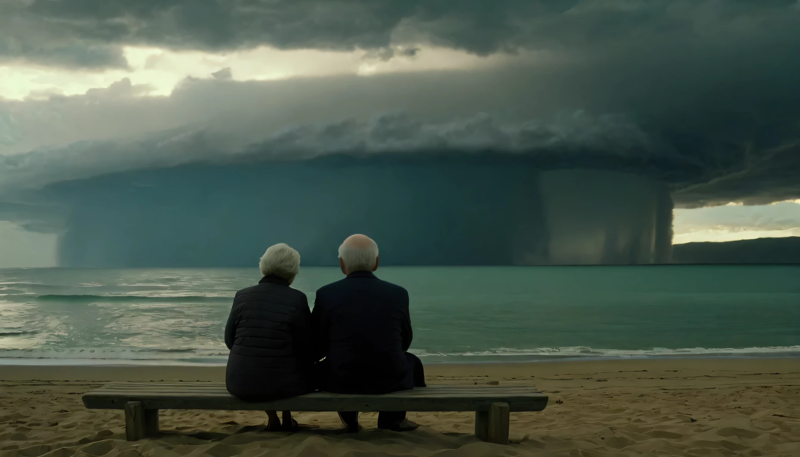 on the screen，An elderly couple sitting on the beach cuddling together，Looking at the coming tsunami from the distant seaside，The sky is unusually dark，covered with clouds，10m high tsunami wall，The tsunami is coming movie lighting, ultra high definition, 8K, ultra high definition, best quality
