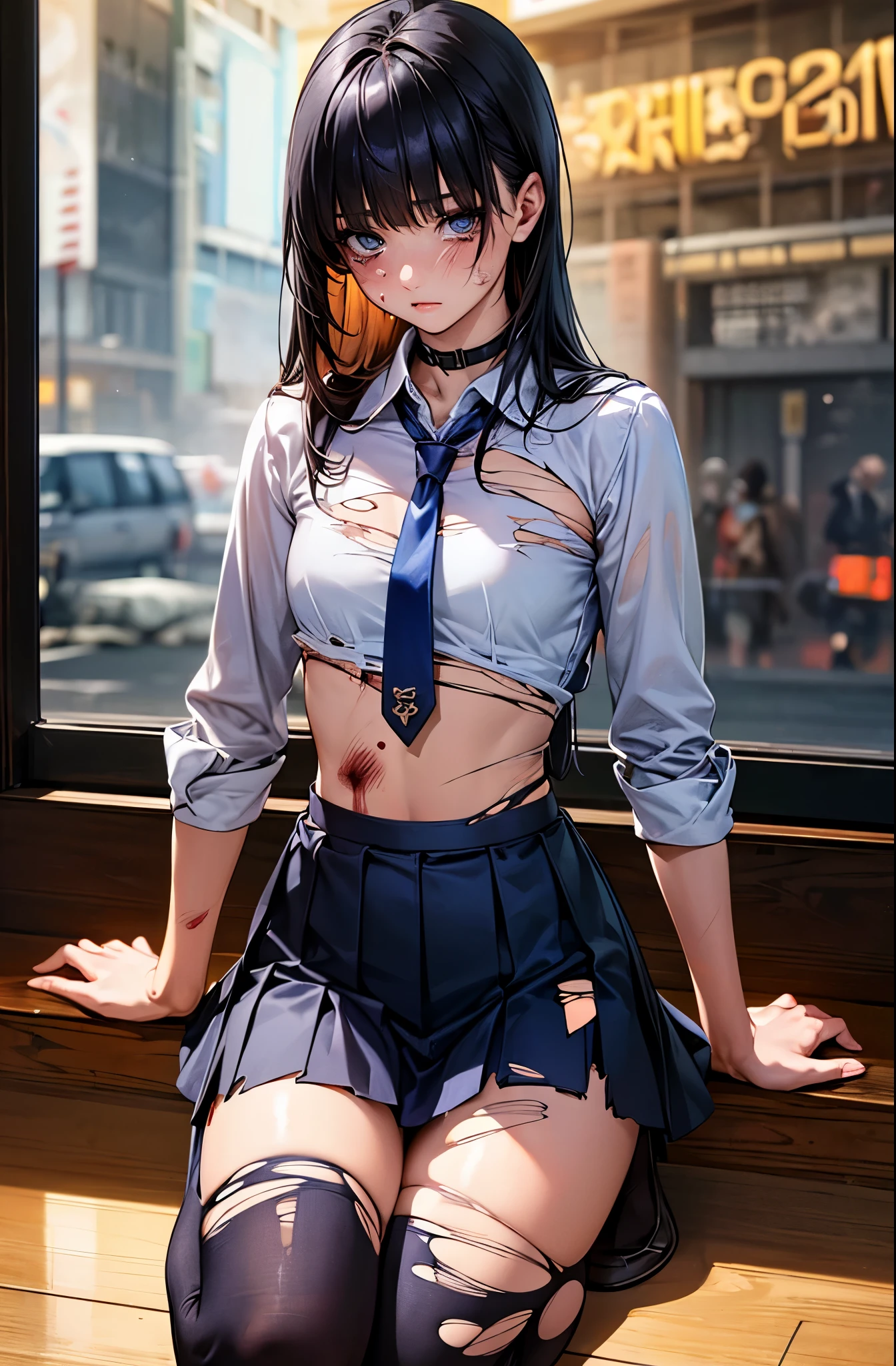 ((perfect anatomy:1.5,realistic,:1.3,RAW Photography:1.3,masterpiece、highest quality、Ultra - High resolution、High resolution、Highly detailed CG、8K)),(view from adove:1.3),1 female,solo,20-year-old,beauty of japan,beautiful detailed face and eyes,big and gorgeous eyes,gray eyes,(black hair,long hair,blunt bangs), (slender body,small head:1.4, skinny,medium breasts), glowing skin,oily skin,kneeling,looking up at viewer,((injury,torn clothes:1.4,Beaten bruises:1.5)),((white shirt with collar、long sleeve、navy blue tie、navy pleated mini skirt)),((white_thighhighs)),collapsed building、Tokyo、at night、