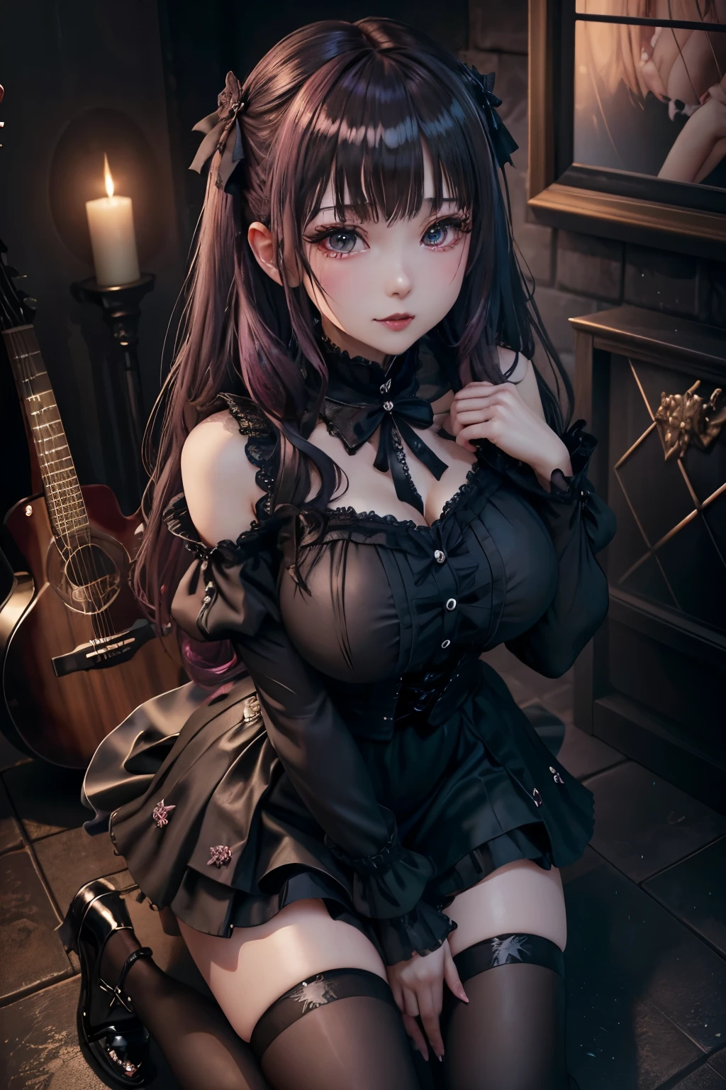 ハードdark gothicメイク、Insanity、deep night sky、horror、black dark eyeshadow、cry、grieve、good skin shine、dark gothicメイク、dark smile、Restless Palace、expression of sexual excitement、fragrant beauty、22 years old、Lie down、lure、expression of intense sexual pleasure、A look of shame、dark gothic、Gothic ****ta、bell sleeve、wizard sleeve、lewd expression、Stained glassが背景、muste piece、best quality、Refers to 5 books、Sweat glistens on my chest、Expression of sexual pleasure in suffering、drunk face、Maid clotheysterious、Noble、A face that is holding back the toilet、flirty gothic  clothes、body is wet and shiny、Super sexy、Lots of glitter on the thighs、i am sweating a lot、loving smile、twin tail hair、my thighs are so wet、jet black ruffle skirt、shaded、right blue eye, left eye is red、Sit on a gothic bed covered in roses、Super bewitching pose、Gravure shooting、knee high socks、thigh high socks、A lot of sweat and stickiness on the thighs、Plenty of plump, shiny thighs、Sweat glistening on your thighy whole body is shiny with sweat、glamorous、platform heel shoes、pretty sweaty、My thighs are sweaty、dark makeup、Chest size is modest、black lipstick、重厚感のあるdark gothicロングドレス、bright pink hair、long hair straight hair、Stained glass、black metal world、open your legs sloppily、her thighs are a little glamorous、play black guitar、guitar girl、play guitar、guitar playing、gothic guitar、have a guitar、holding guitar、