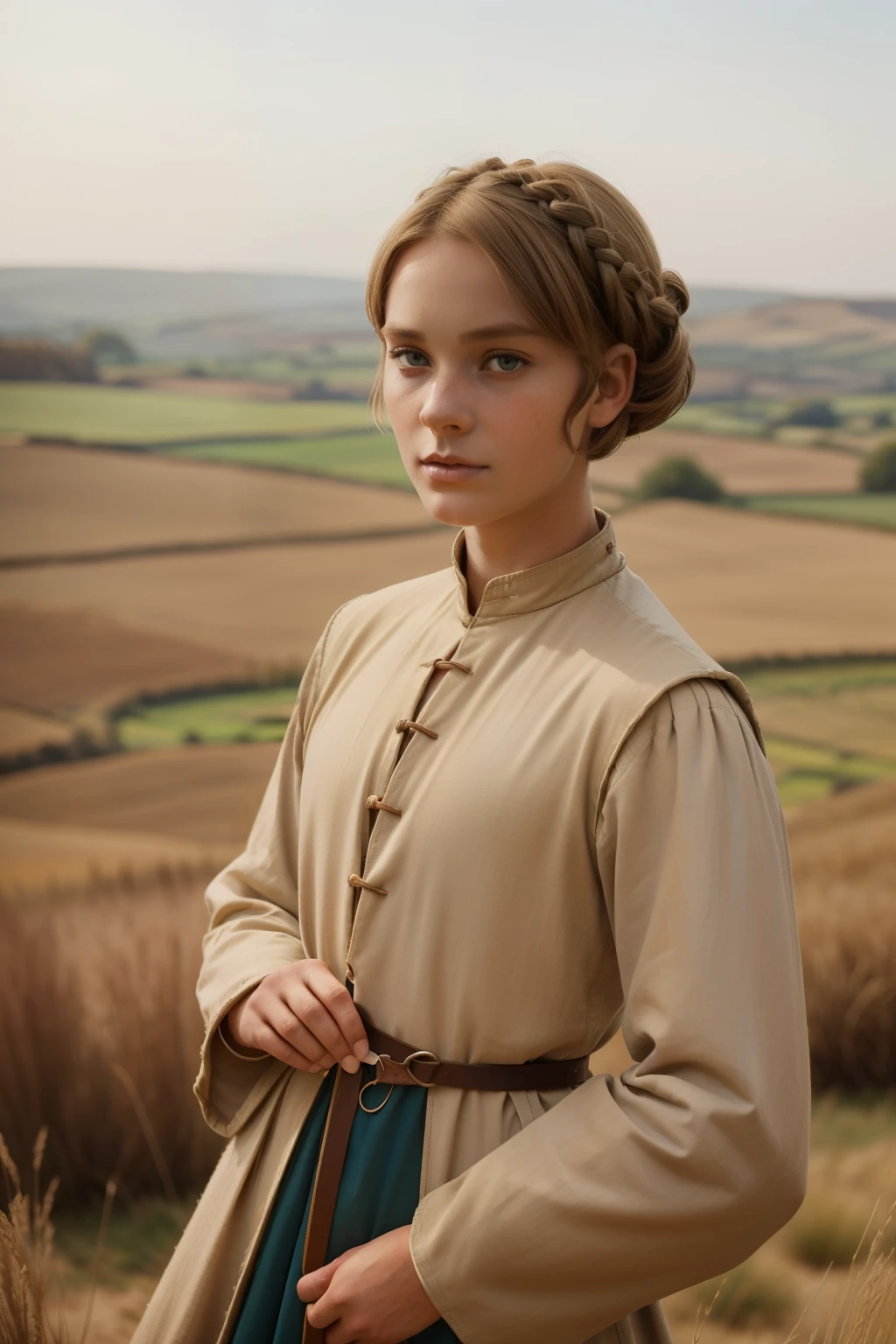 England, 1346. A young ((((29-year-old)) Caris Wooler)), attractive, expressive eyes, in an arid field, ((determined expression)). (((boy clothings from the 1340s)))), ((light chestnut bob hairstyle of the 1340s))