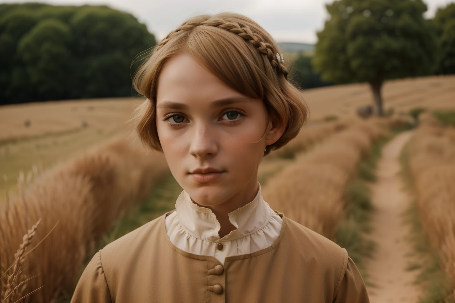 England, 1346. A young ((((29-year-old)) Caris Wooler)), attractive, expressive eyes, in an arid field, ((determined expression)). (((boy clothings from the 1340s)))), ((light chestnut bob hairstyle of the 1340s))