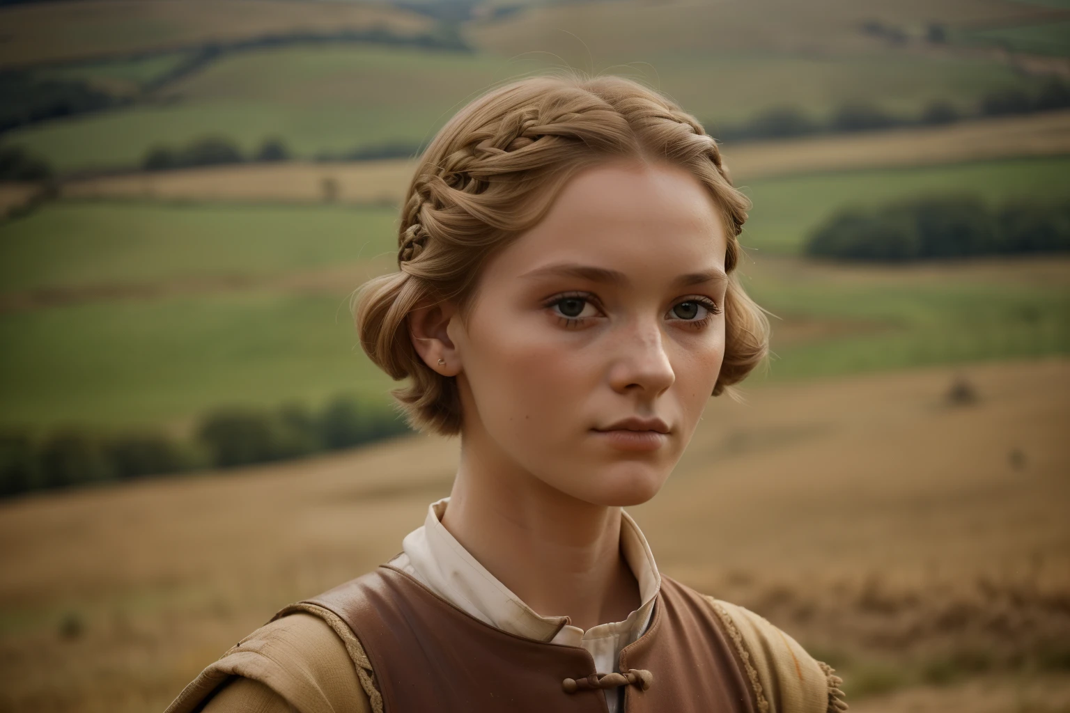 England, 1346. A young ((((29-year-old)) Caris Wooler)), attractive, expressive eyes, in an arid field, ((determined expression)). (((boy clothings from the 1340s)))), ((light chestnut bob hairstyle of the 1340s))