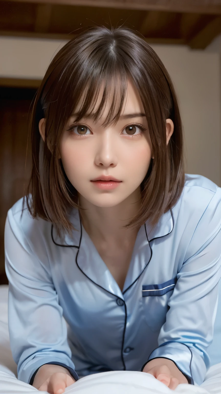 one girl, (a beauty girl, delicate girl:1.3),
break, (pajamas:1.3),
break, very fine eye definition, (symmetrical eyes:1.3),
break, (bedroom:1.3), (all-fours, crawling position:1.3), (shooting from directly below, face down:1.3), perfectly trimmed fingers,
break, small breasts, brown eyes, parted bangs, brown hair,
break, (eyes and faces with detailed:1.0),
break, (masterpiece, best quality, ultra detailed, detailed face, 8k)