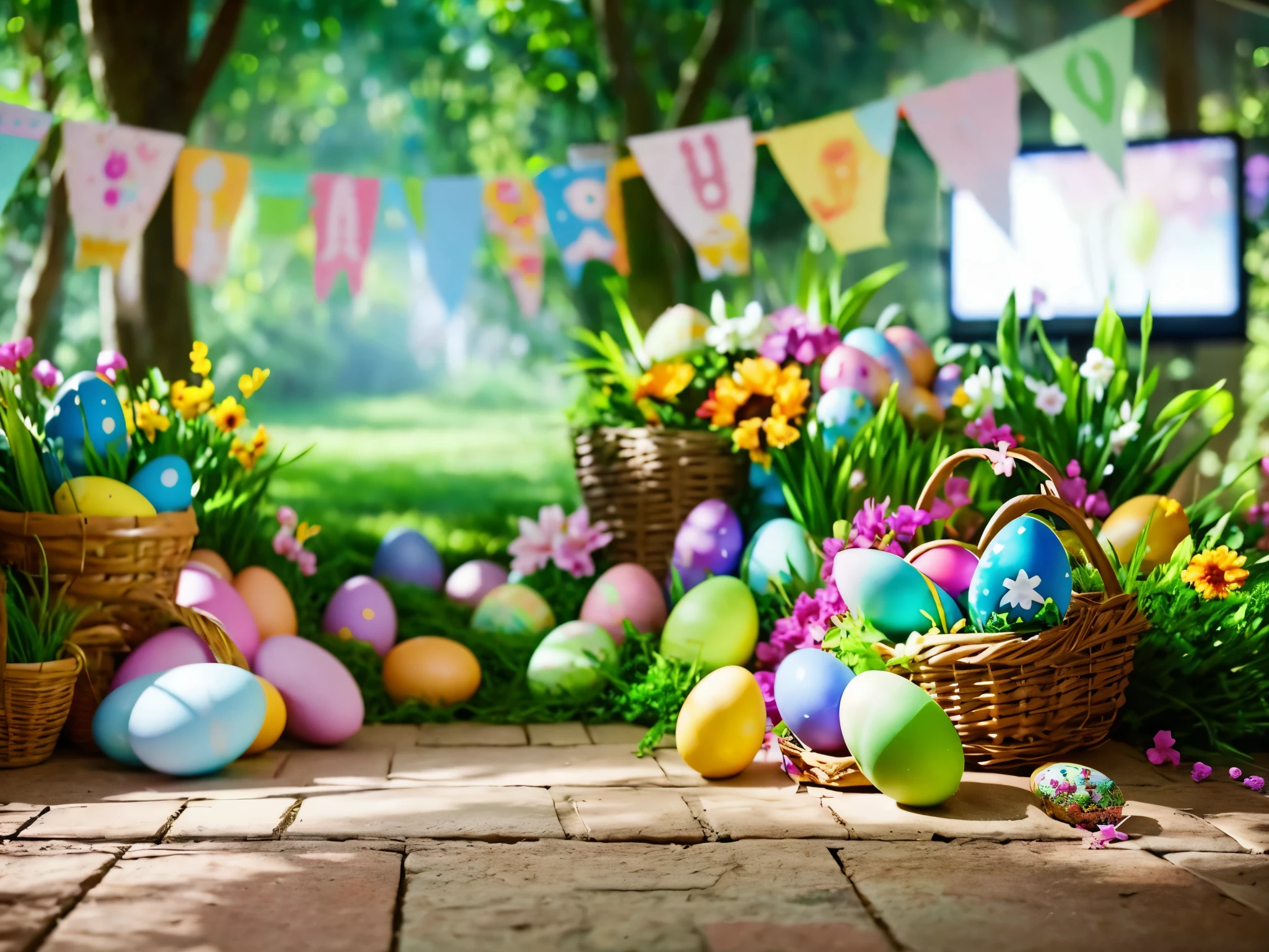 easter banner，Easter atmosphere，There are Easter eggs scattered in front of the screen，There are flowers and plants in front of the screen，There are trees around，Vision