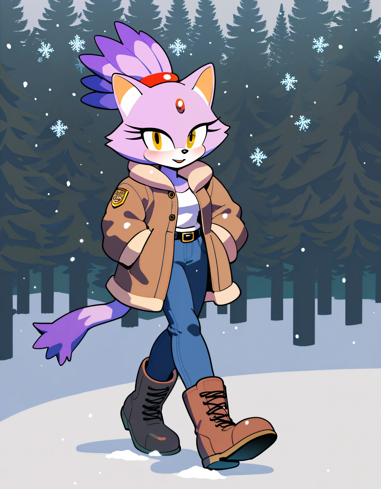 score_9, score_8_up, score_7_up, ((Masterpiece)), high quality, studio quality, 1girl, Blaze the cat, yellow eyes, black jeans, boots, looking at viewer, hands in pockets, belt, :3, blush, fur-trimmed coat, forest, snowing, snowflakes, walking