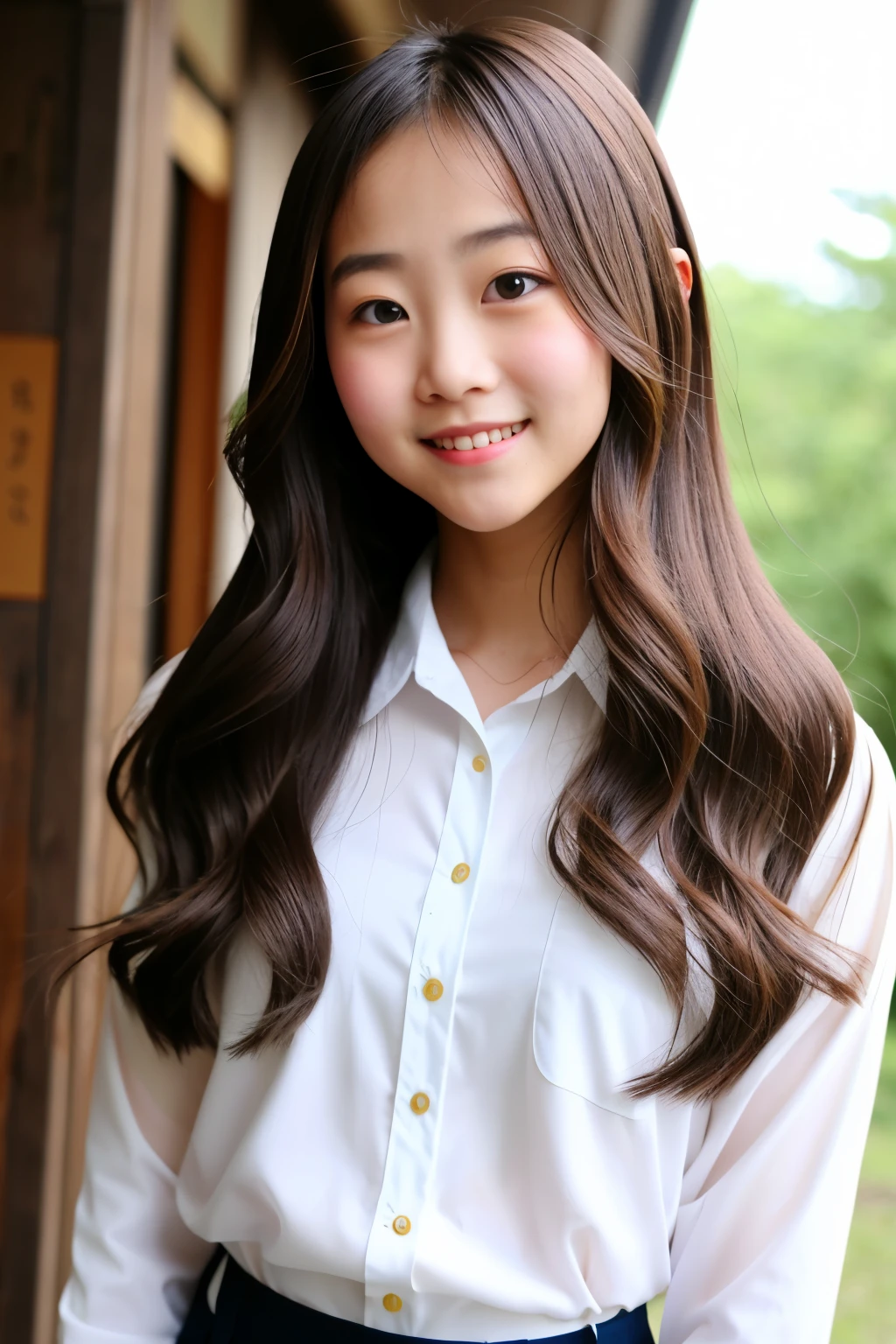 sheer cliff、beautiful girl、secret realm、smile、Japanese、uniform、Quat、gal、brown hair