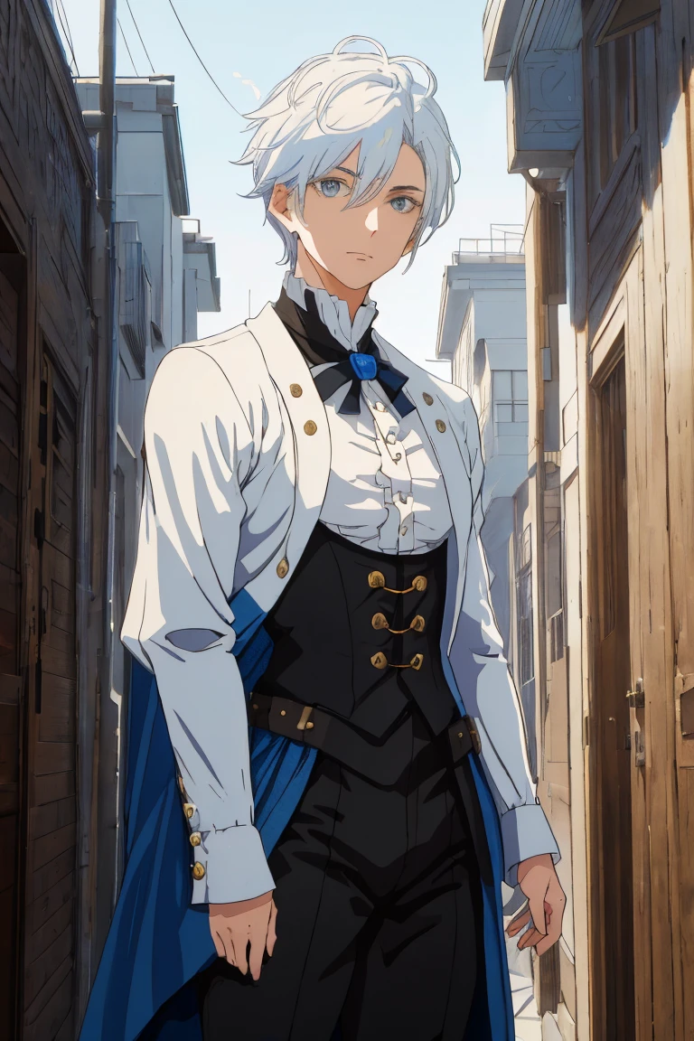 1 person, upper body, (((androgynous adult))), shortish hair, (((person in their 20s))), blue and black color scheme, white hair, anime, no mistakes, best anatomy, masterpiece, hq, hd, set in the 1800s, 1800's clothing, 1800's buildings background